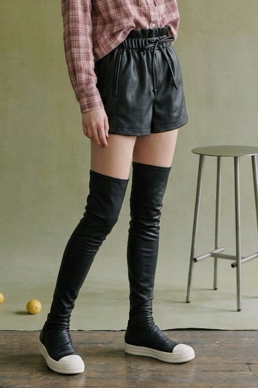 Black Faux Leather Drawstring Shorts