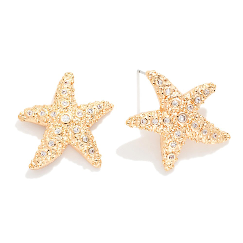 Gold Rhinestone Starfish Post Drop Earrings