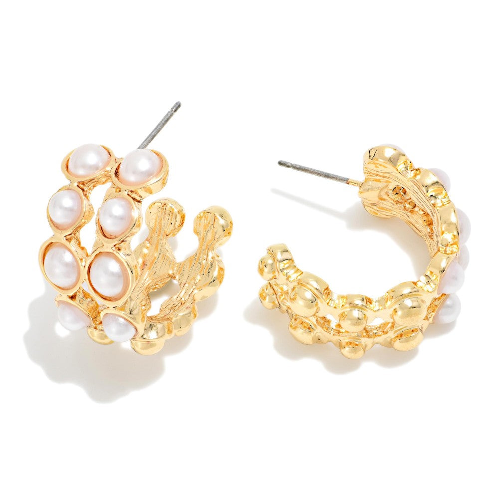 Gold Layered Pearl Studded Hoops Earrings