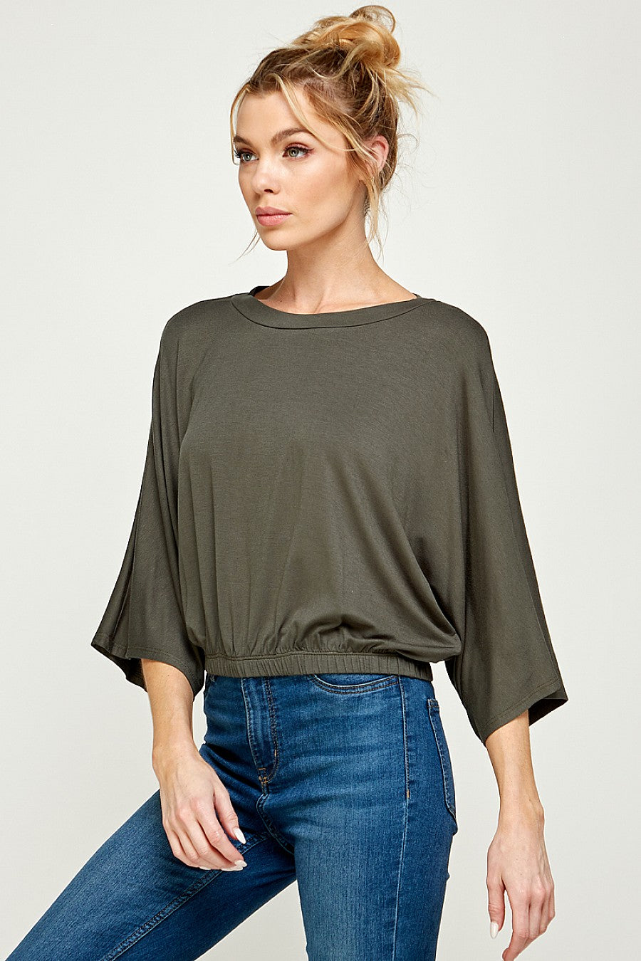 Olive Elastic Bottom Flowy Top