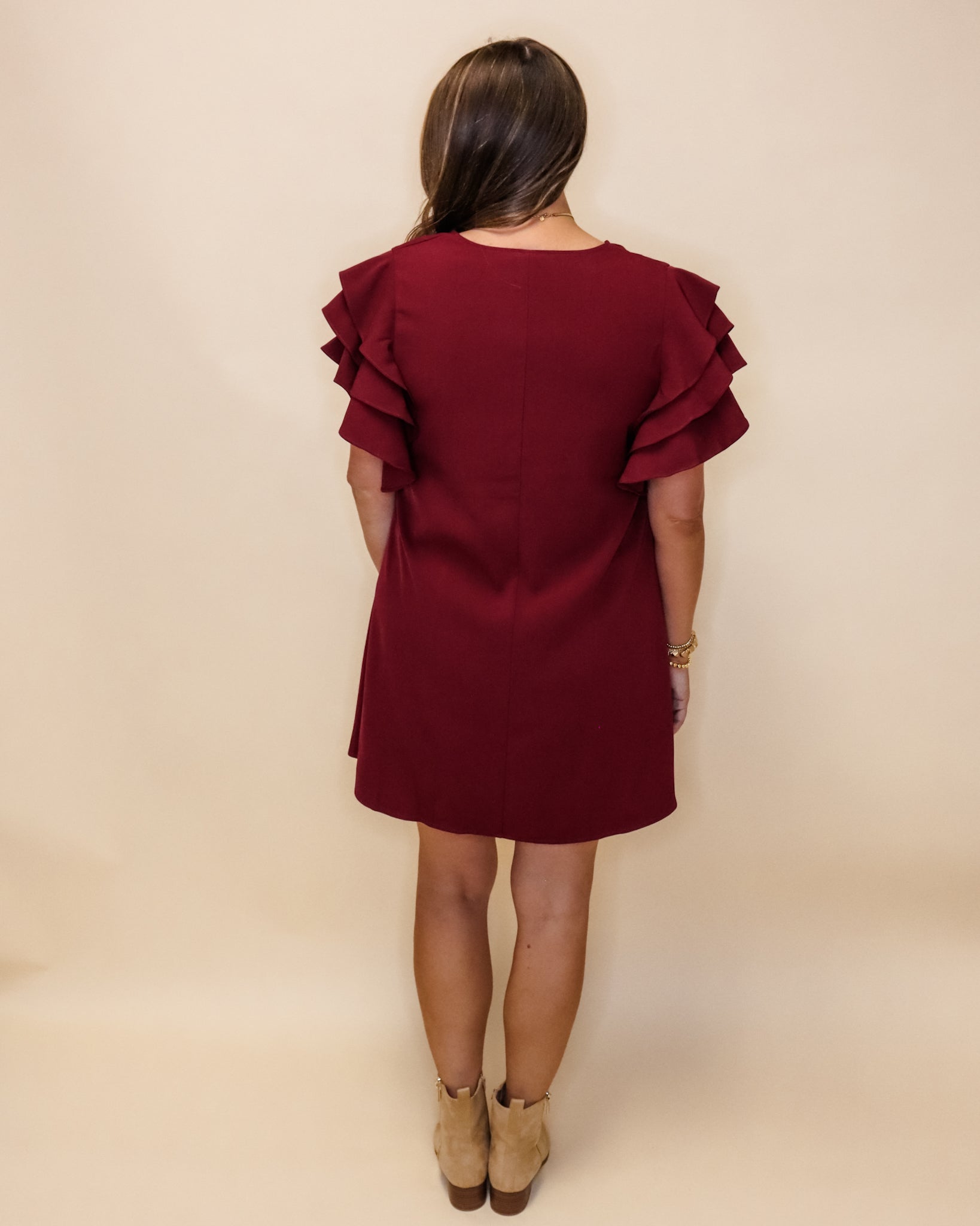 Burgundy V-Neck Ruffle Sleeve Shift Dress