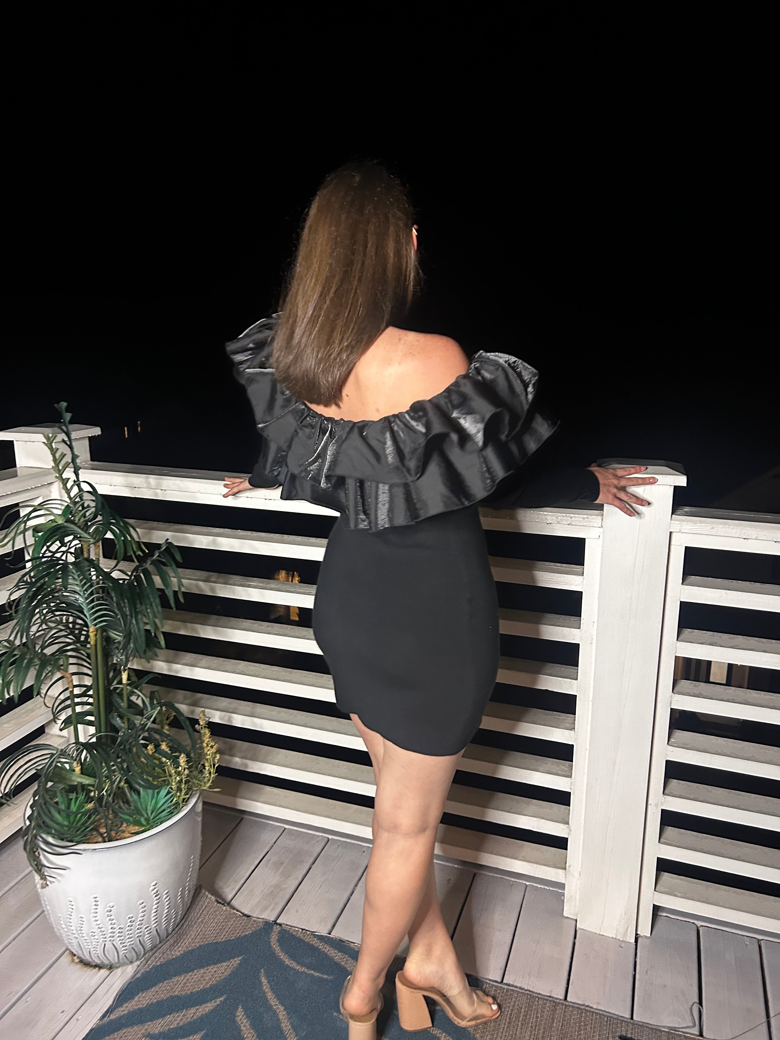 Black Ruffle Detail Sweater Mini Dress