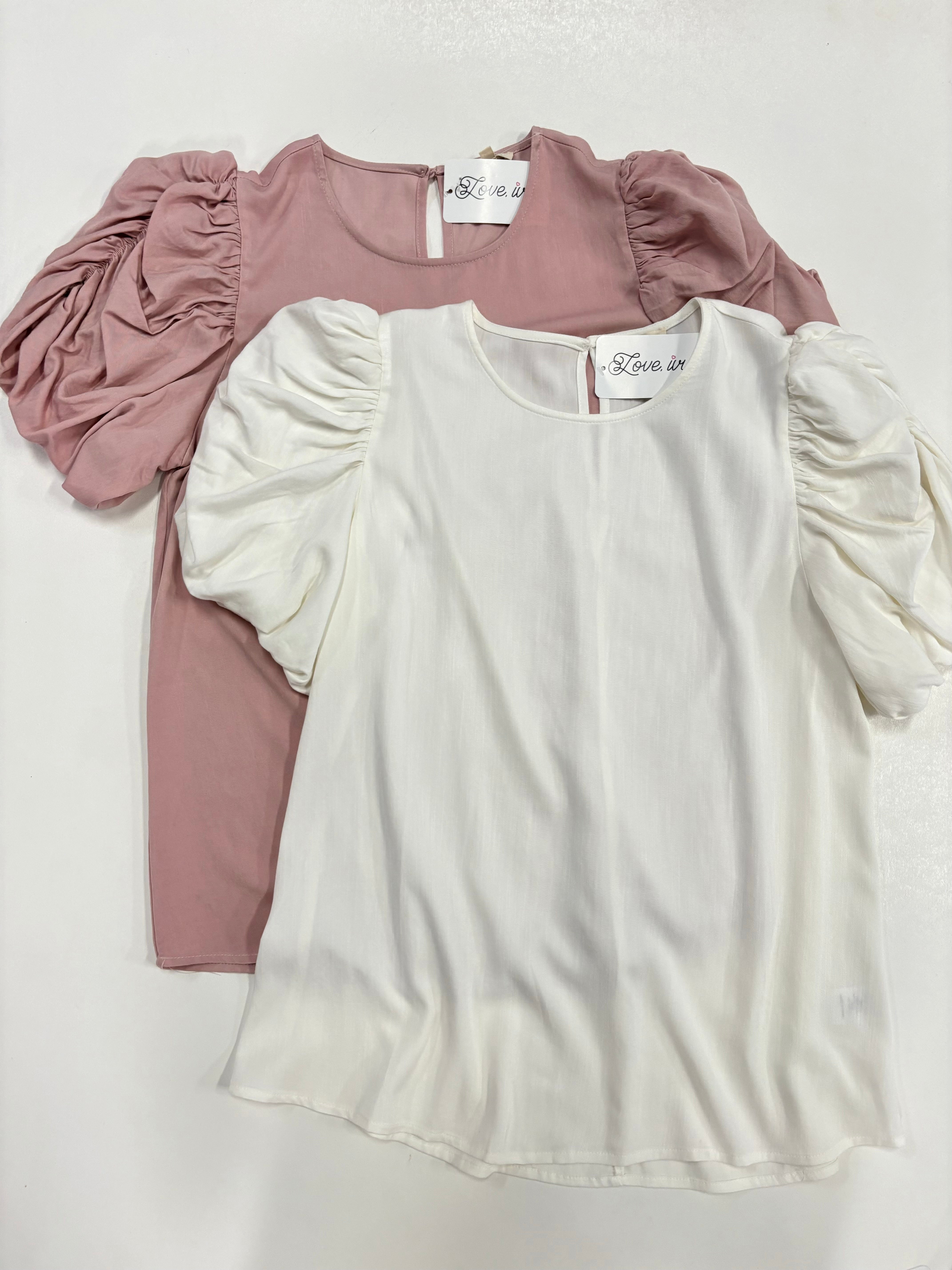 White Solid Ruched Sleeve Top