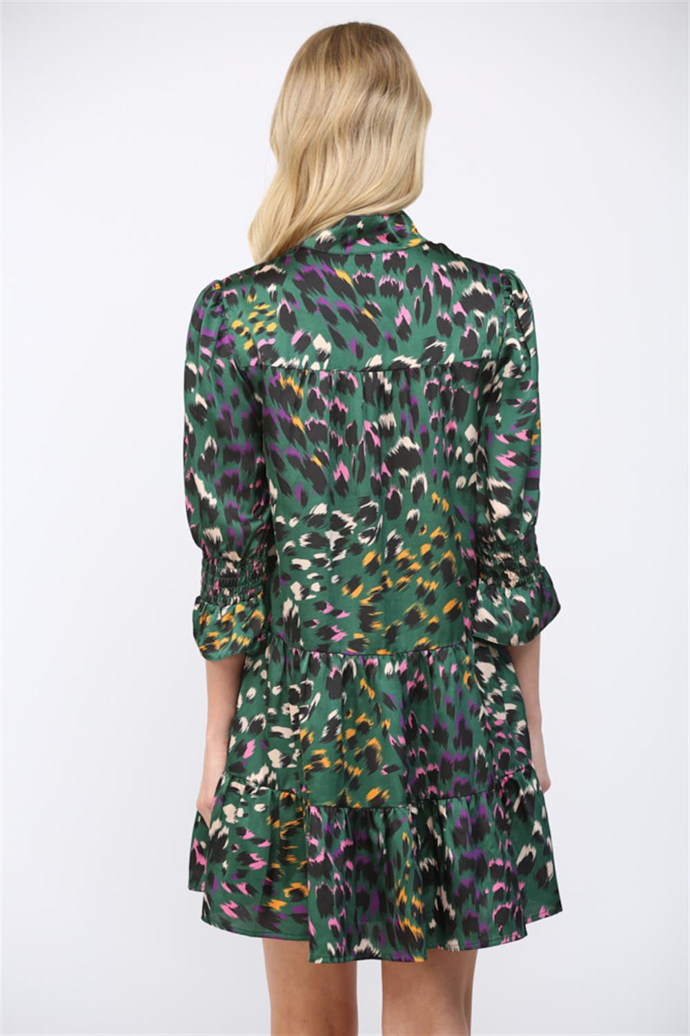 Green Leopard Satin Tiered Dress