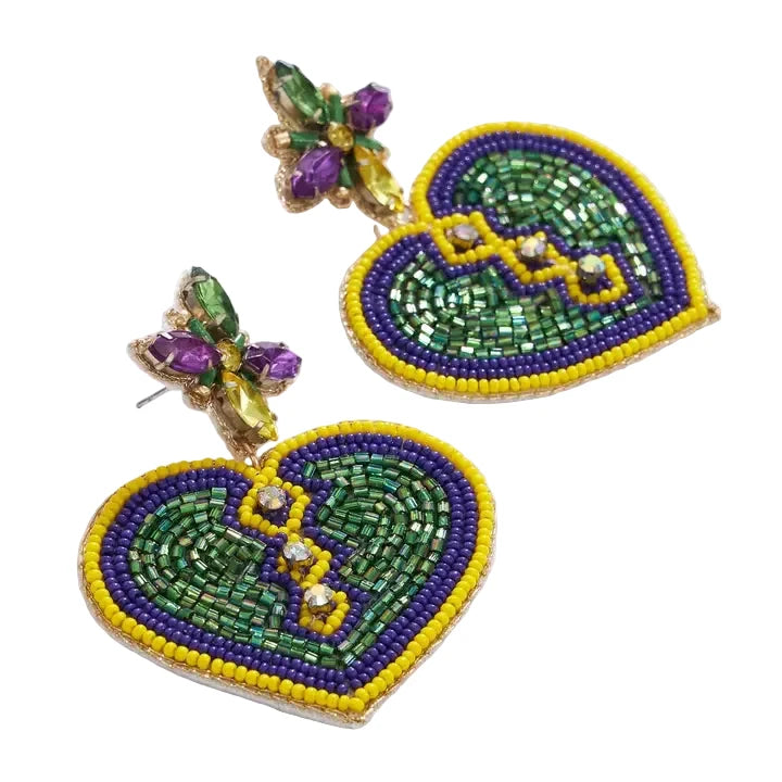 Mardi Gras Heart Beaded Earrings