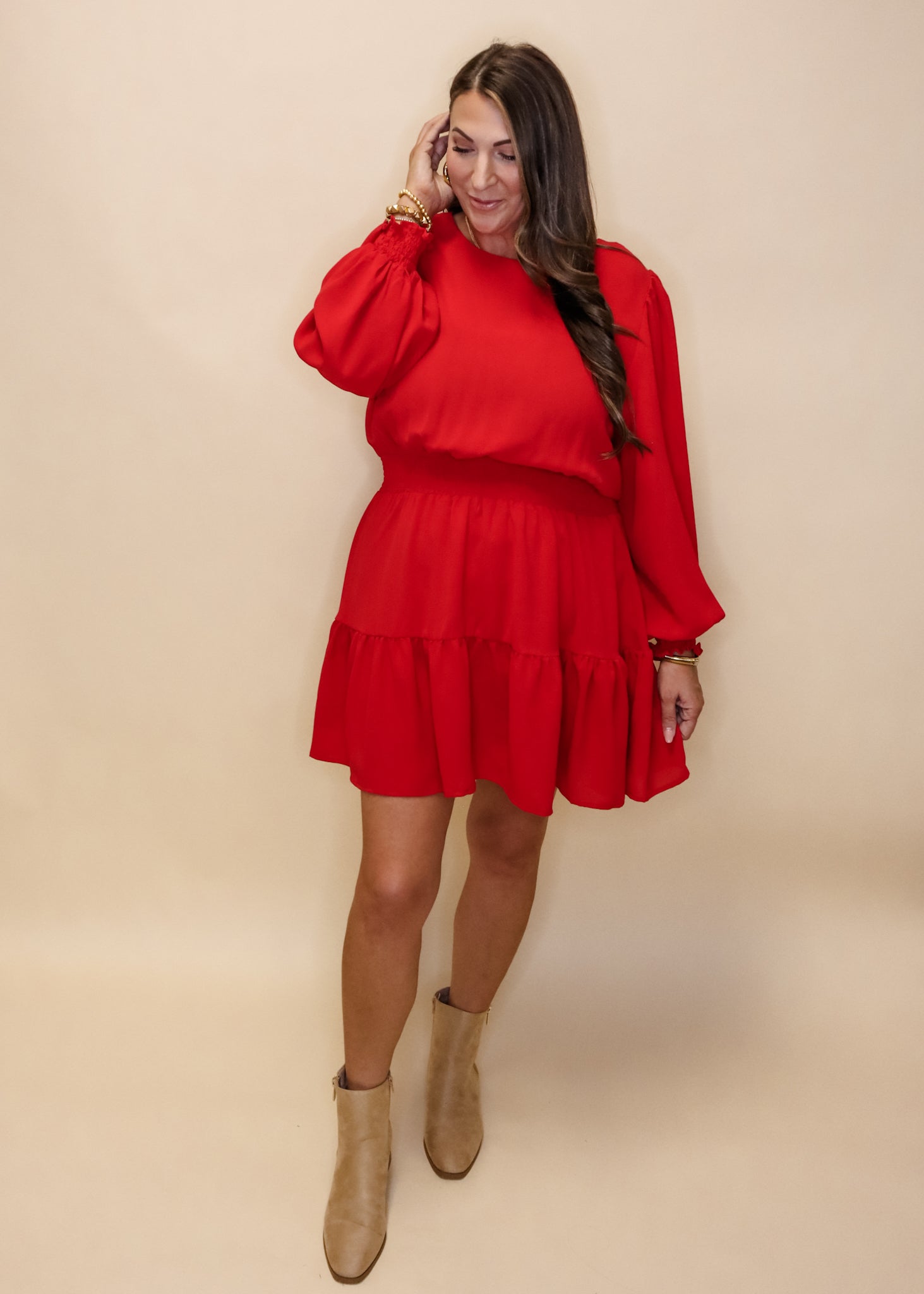 Red Chrissy Smocked Dress