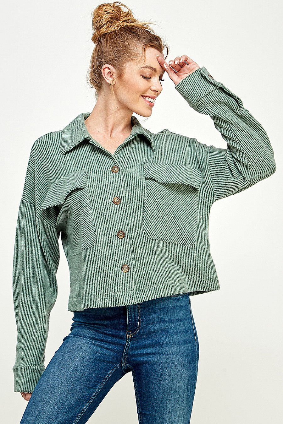 Olive Ribbed Crop Button Up Top