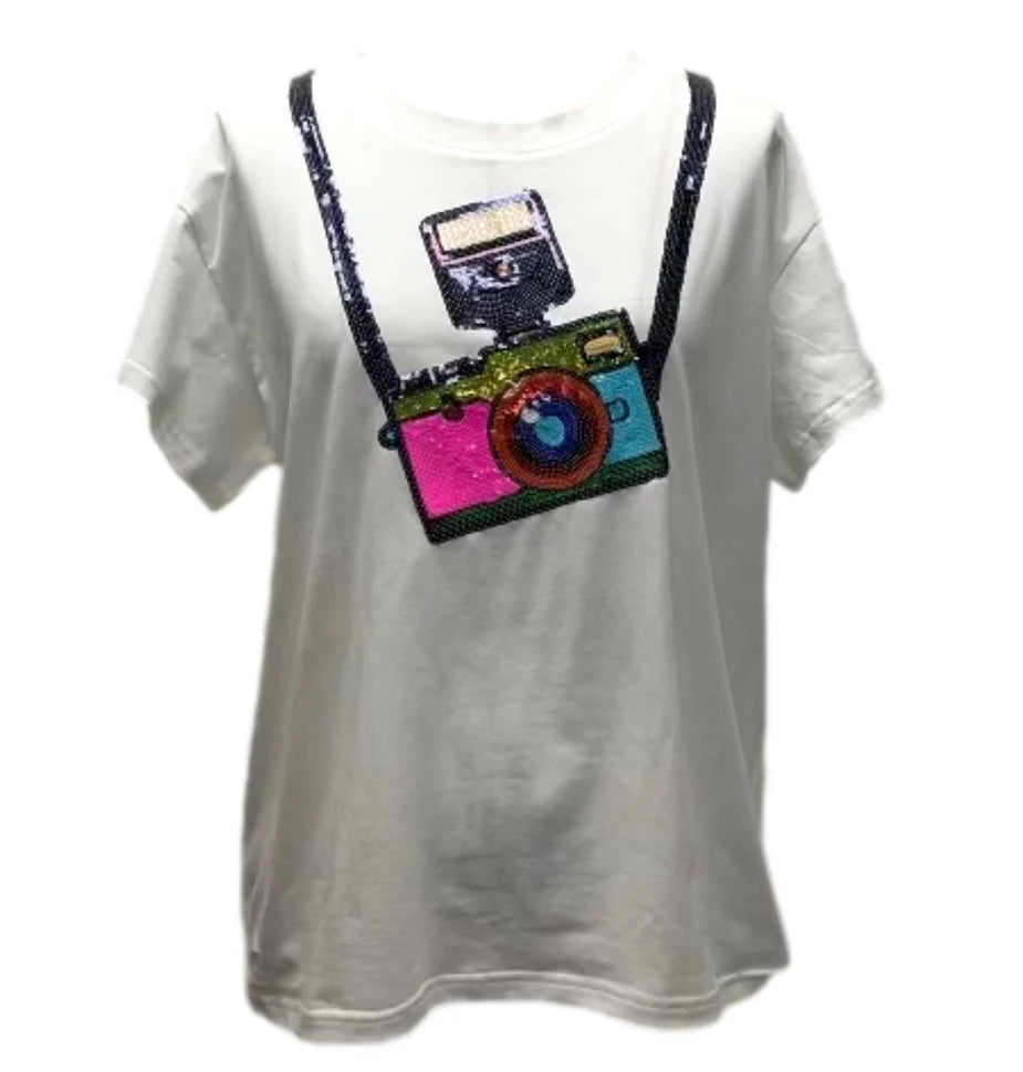 White Camera Around Neck Tee