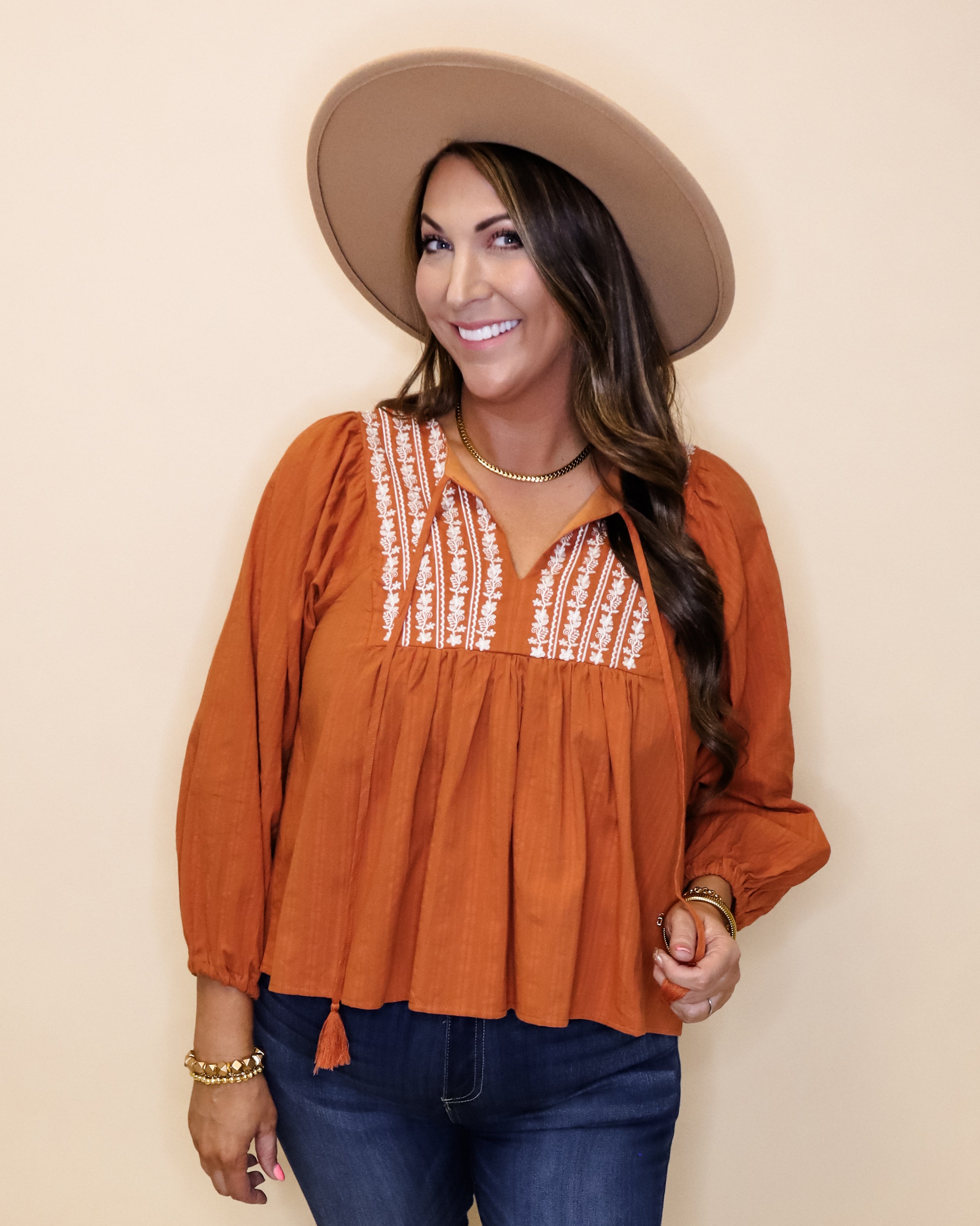 Rust Embroidered Tie Top