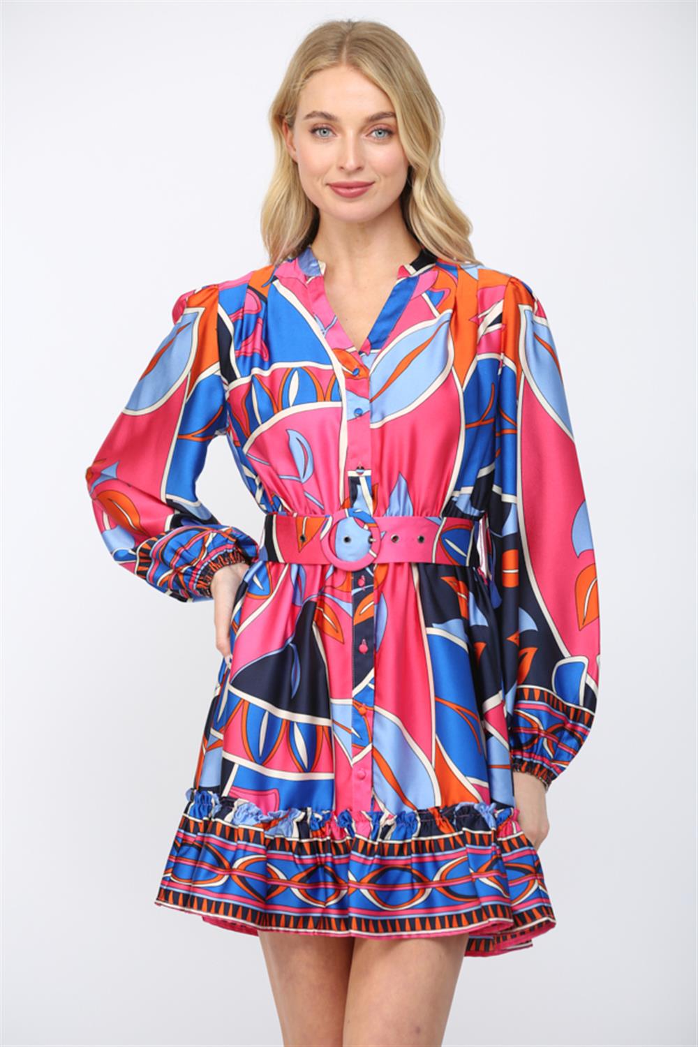 Pink Geometric Belted Satin Dress