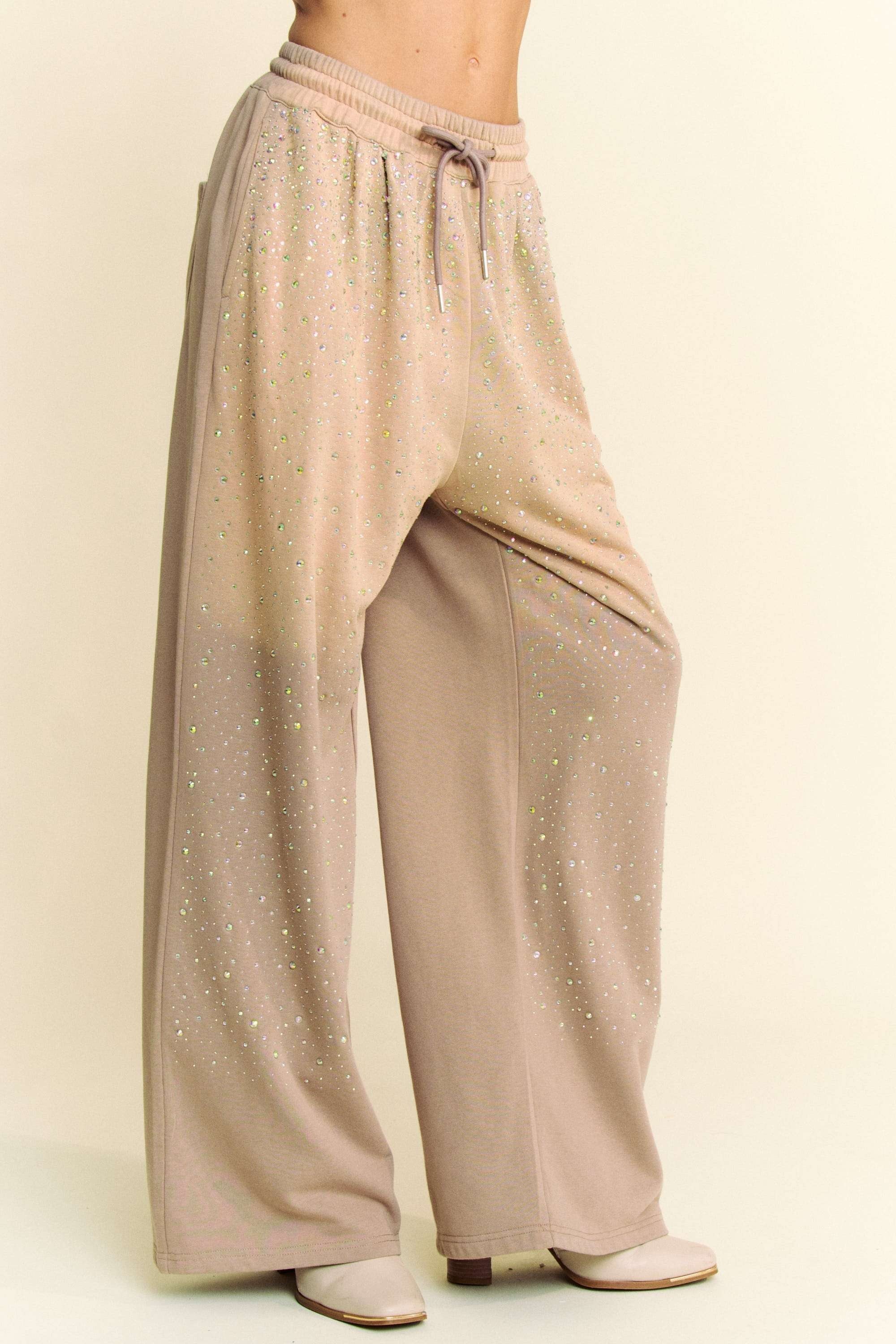 Sand Rhinestone Wide Leg Sweatpant