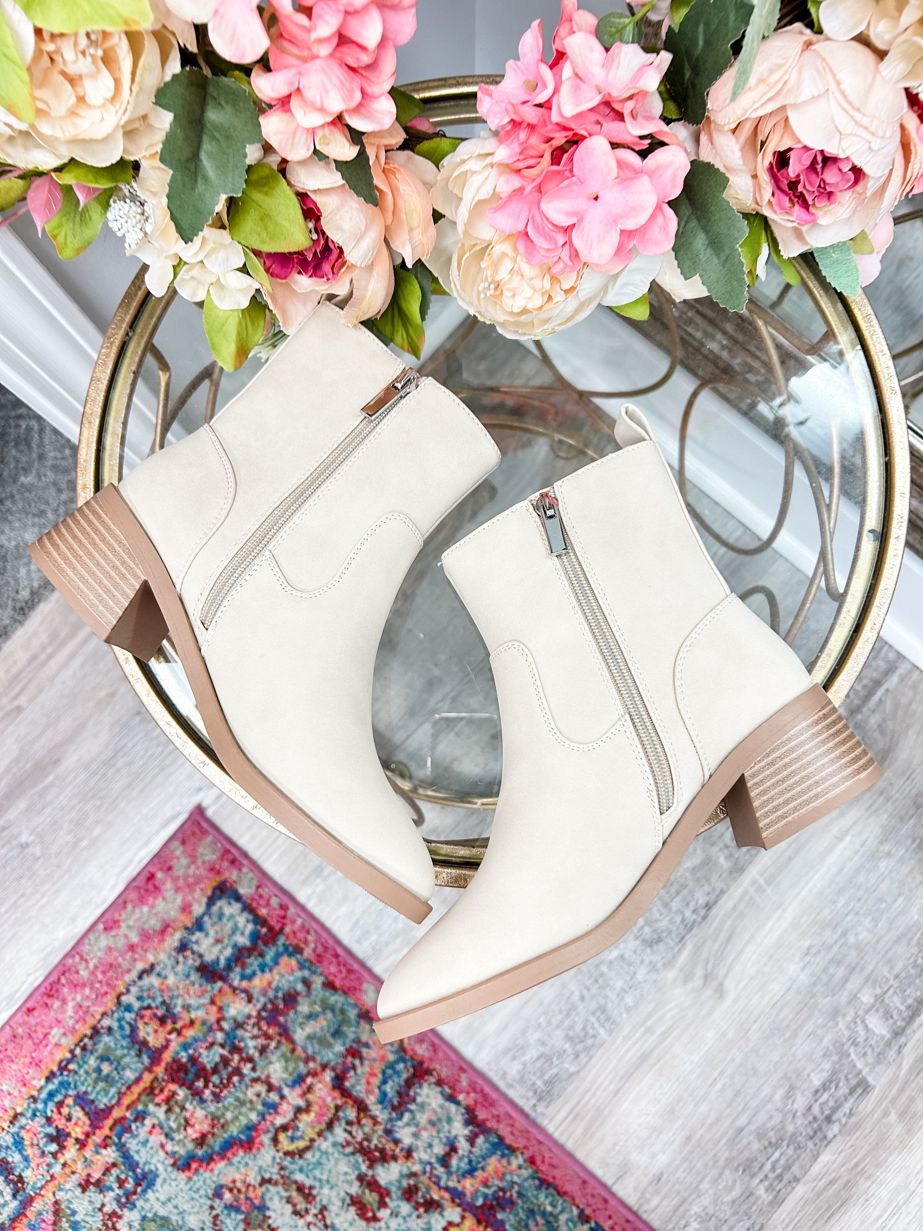 Beige Pull On Ankle Bootie