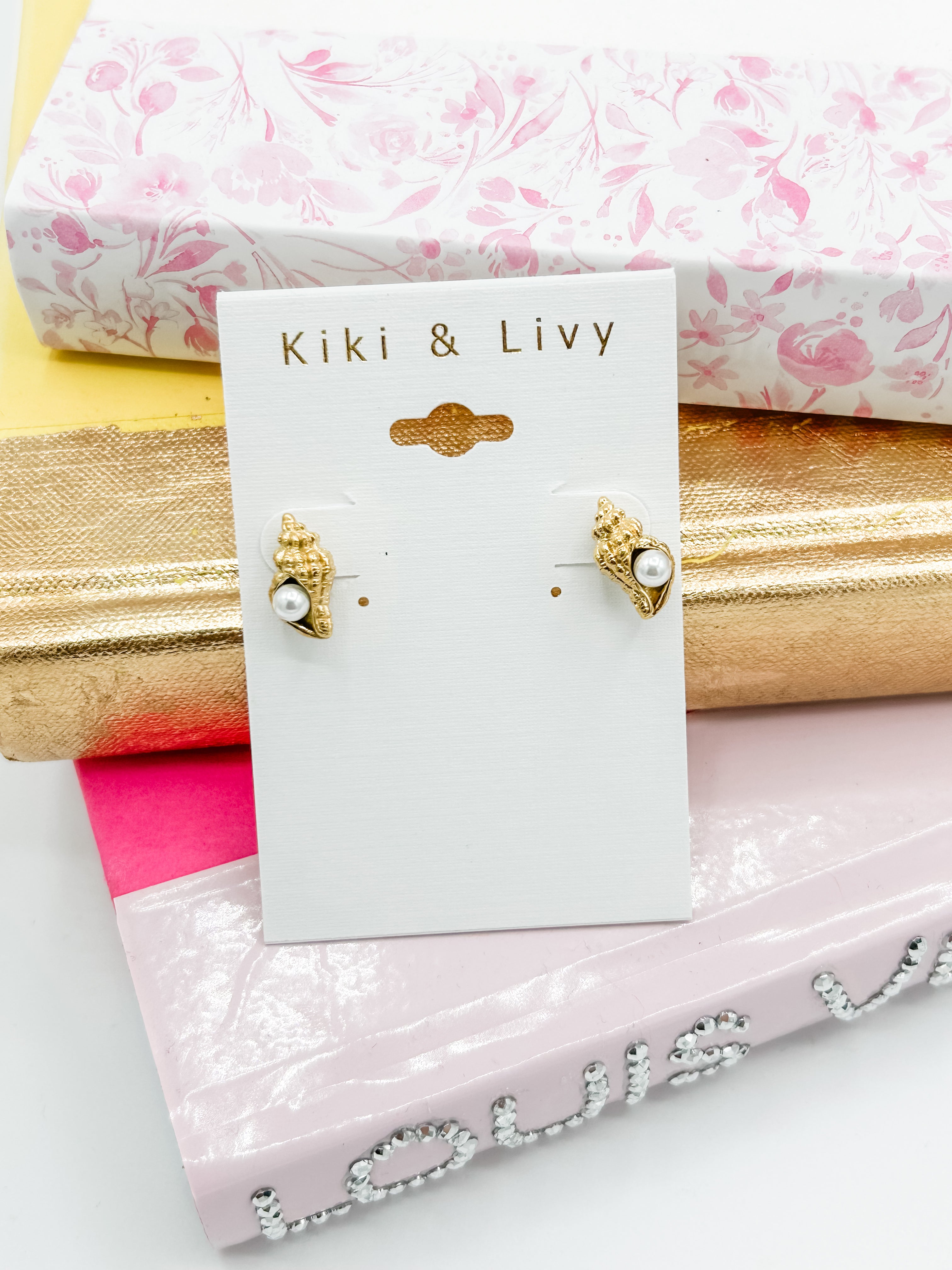 Gold Seashell with Pearls Studs