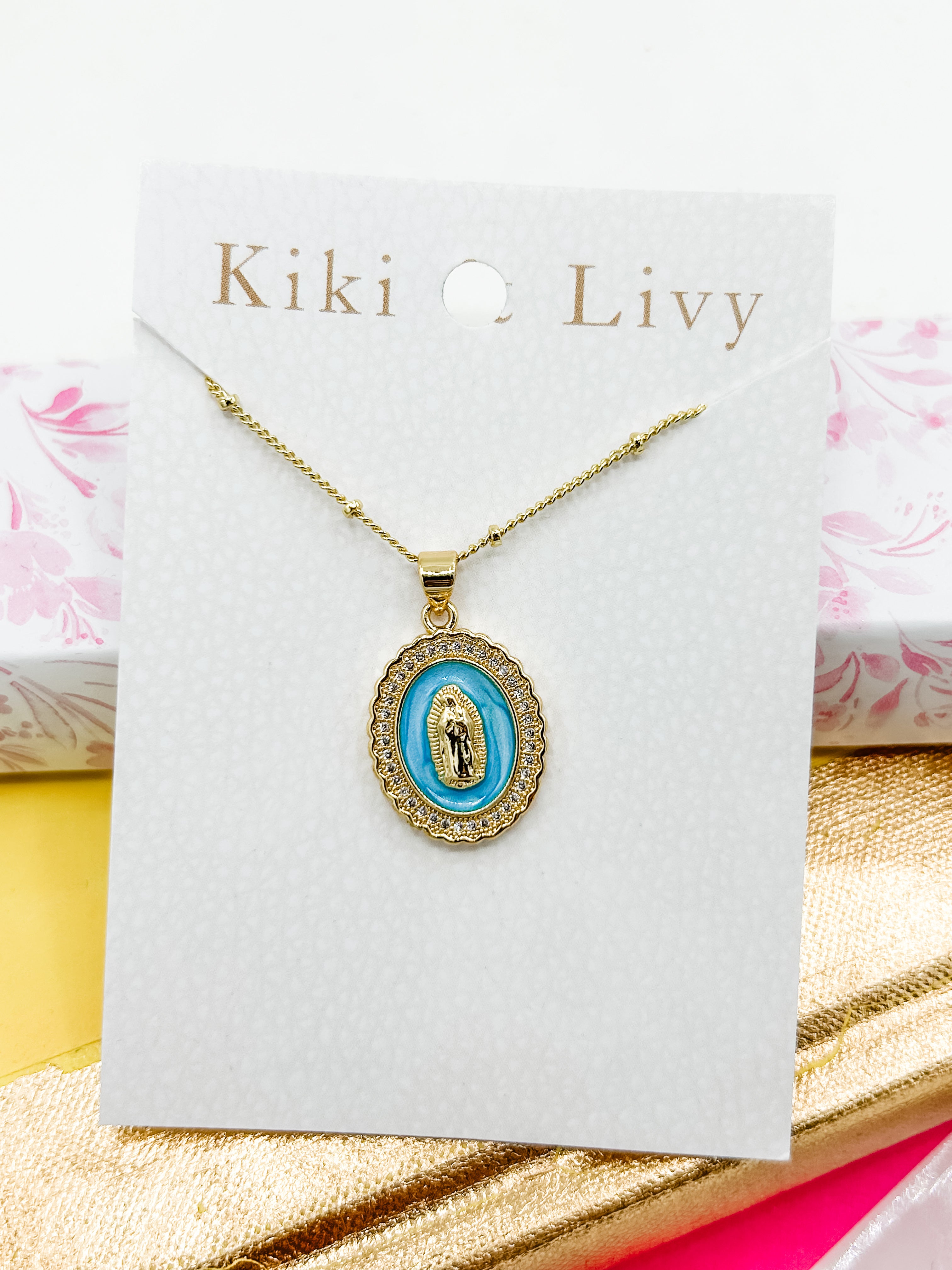Blue Rhinestone Mary Necklace