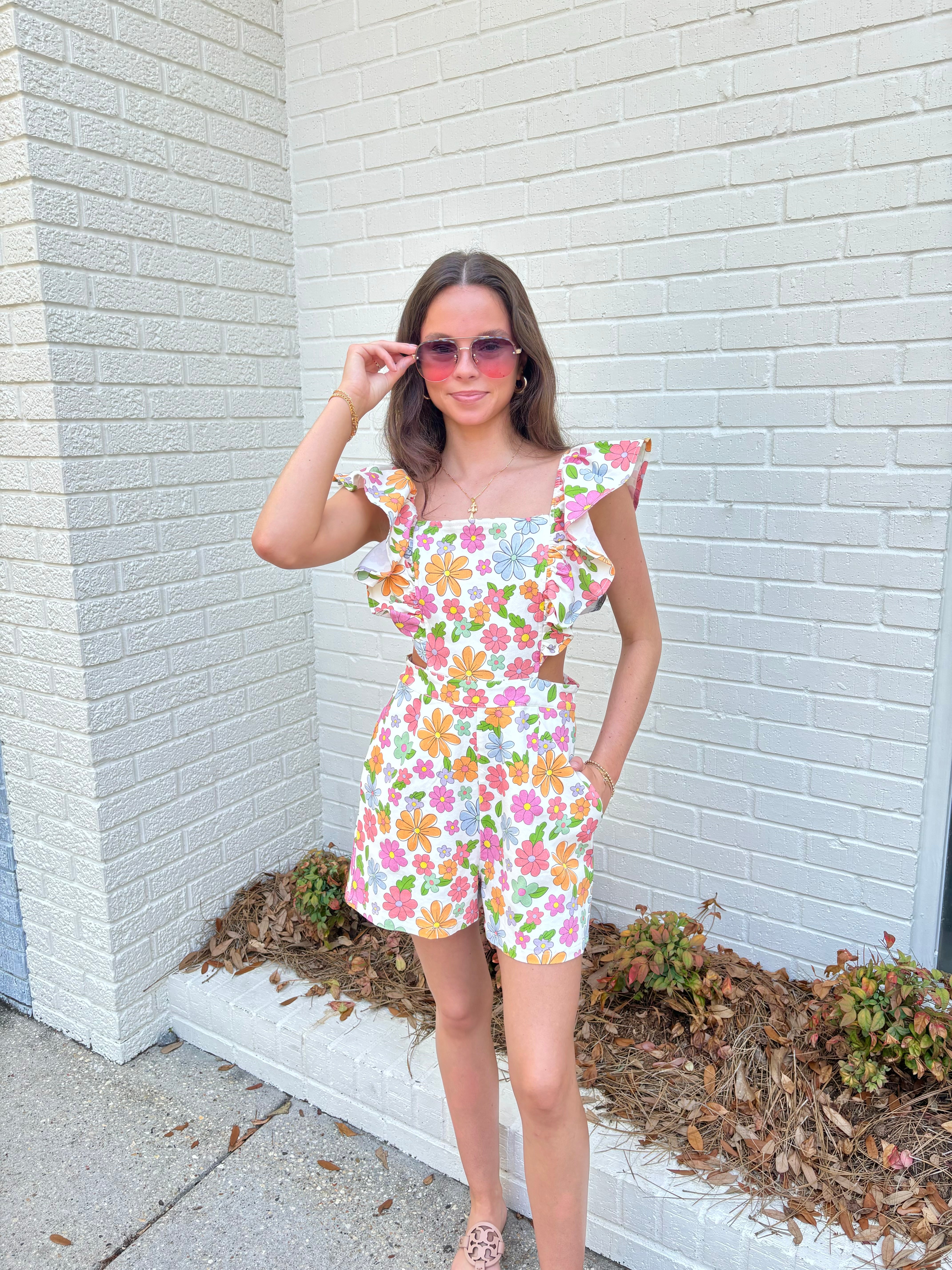 Floral Cut Out Ruffle Romper