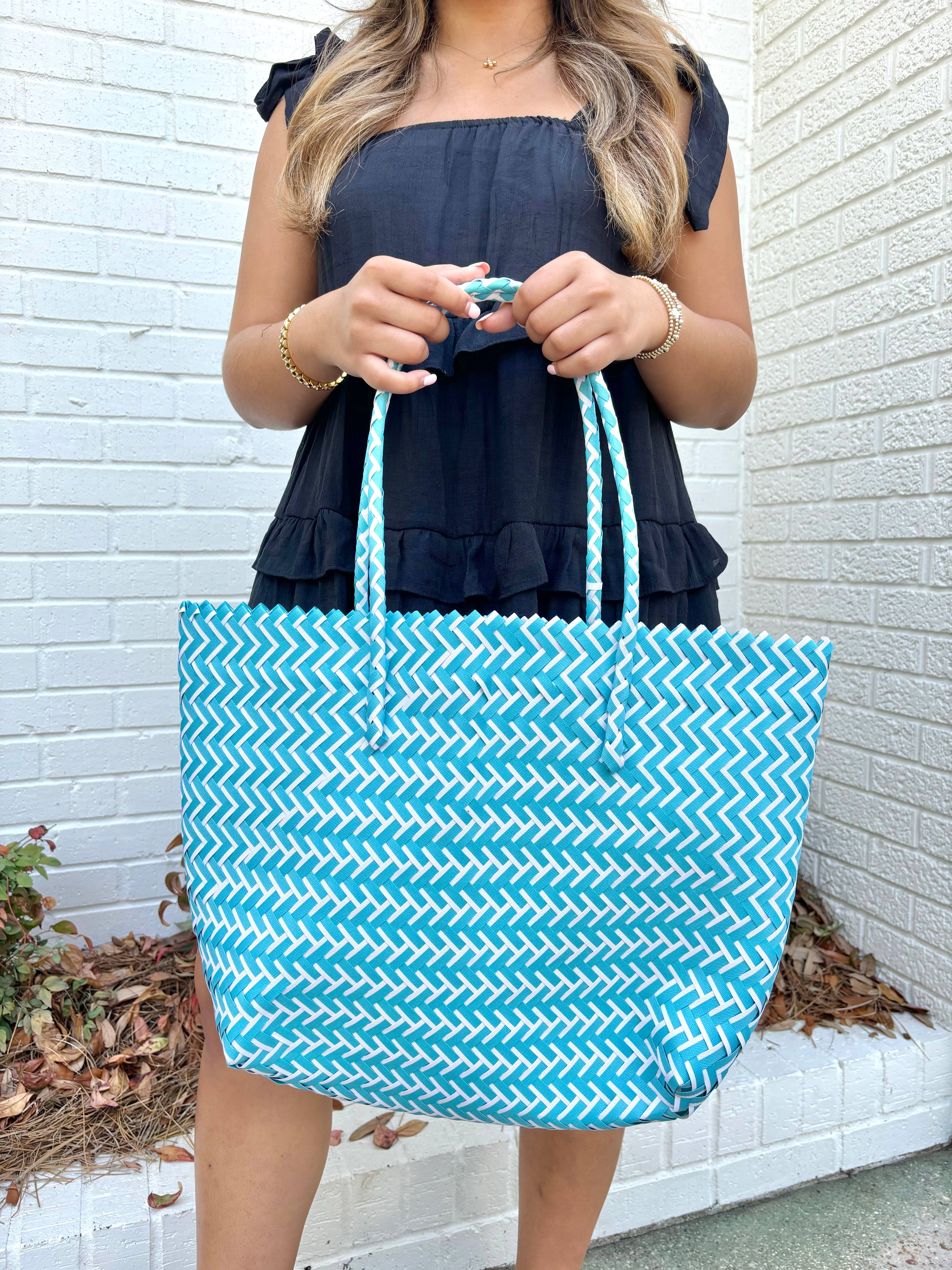 Blue Basket Weave Tote Bag
