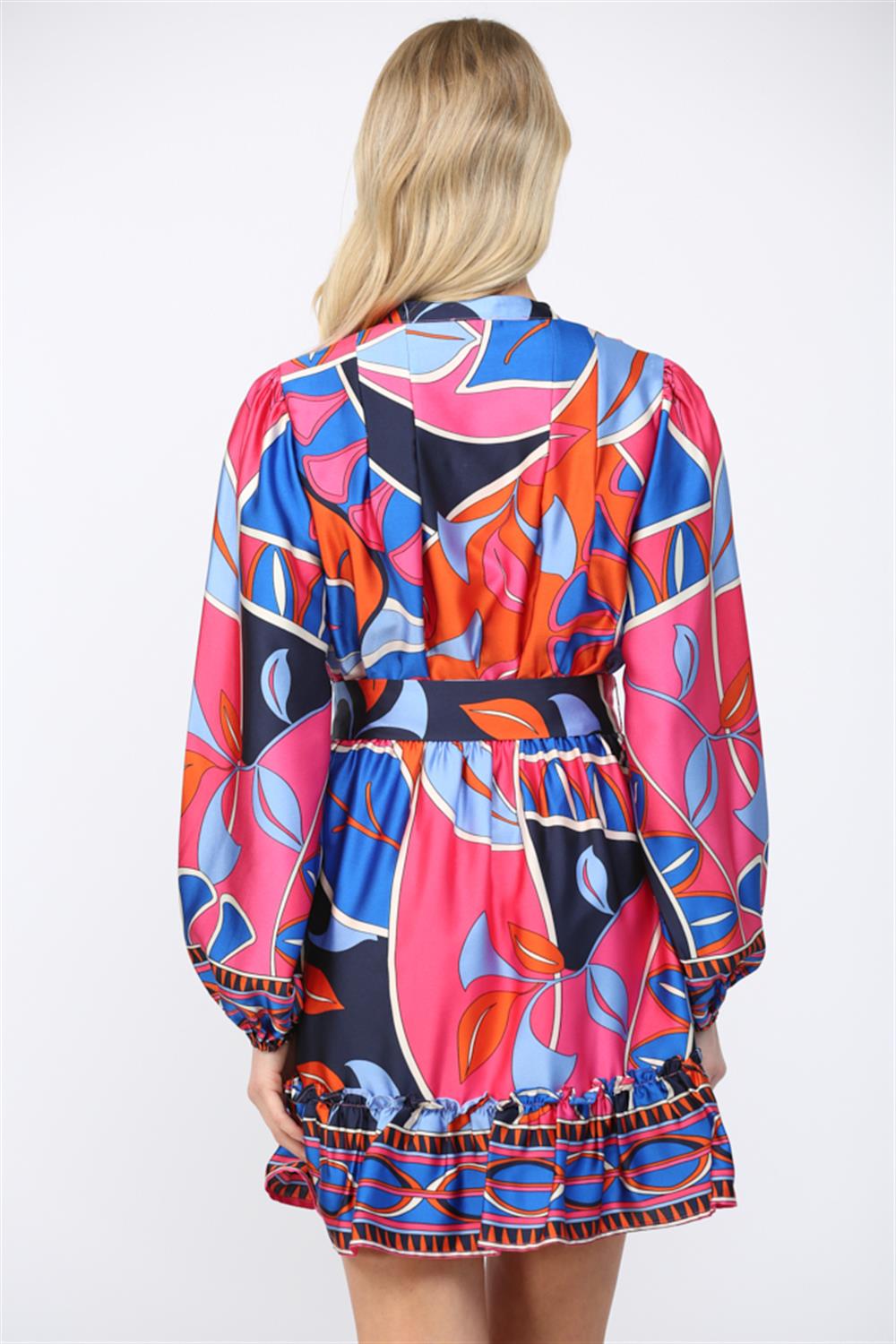 Pink Geometric Belted Satin Dress