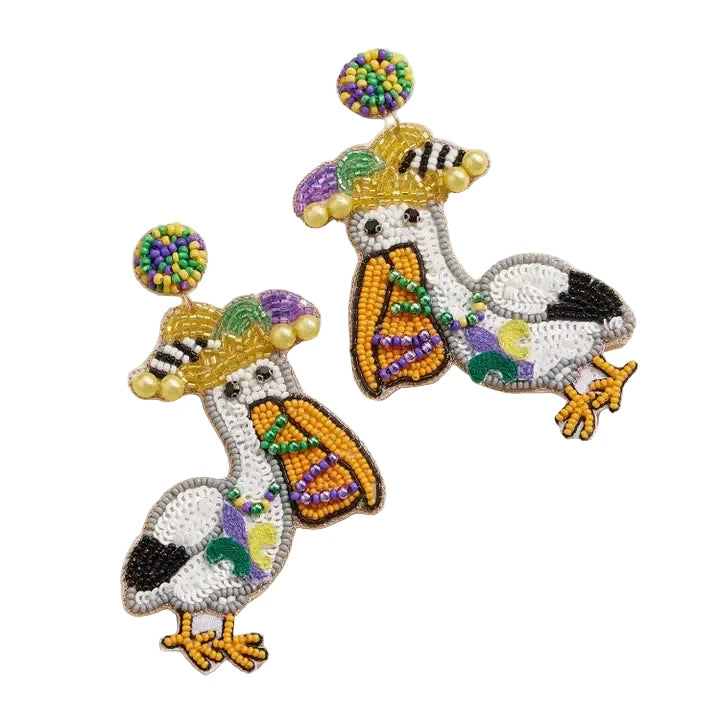 Mardi Gras Pelican Beaded Earrings