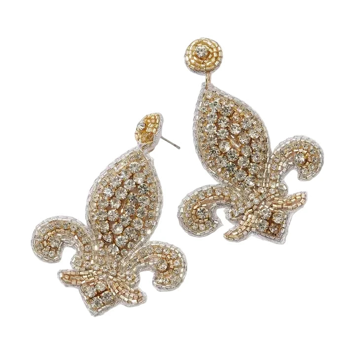 Gold Rhinestone Fleur De Lis Earrings