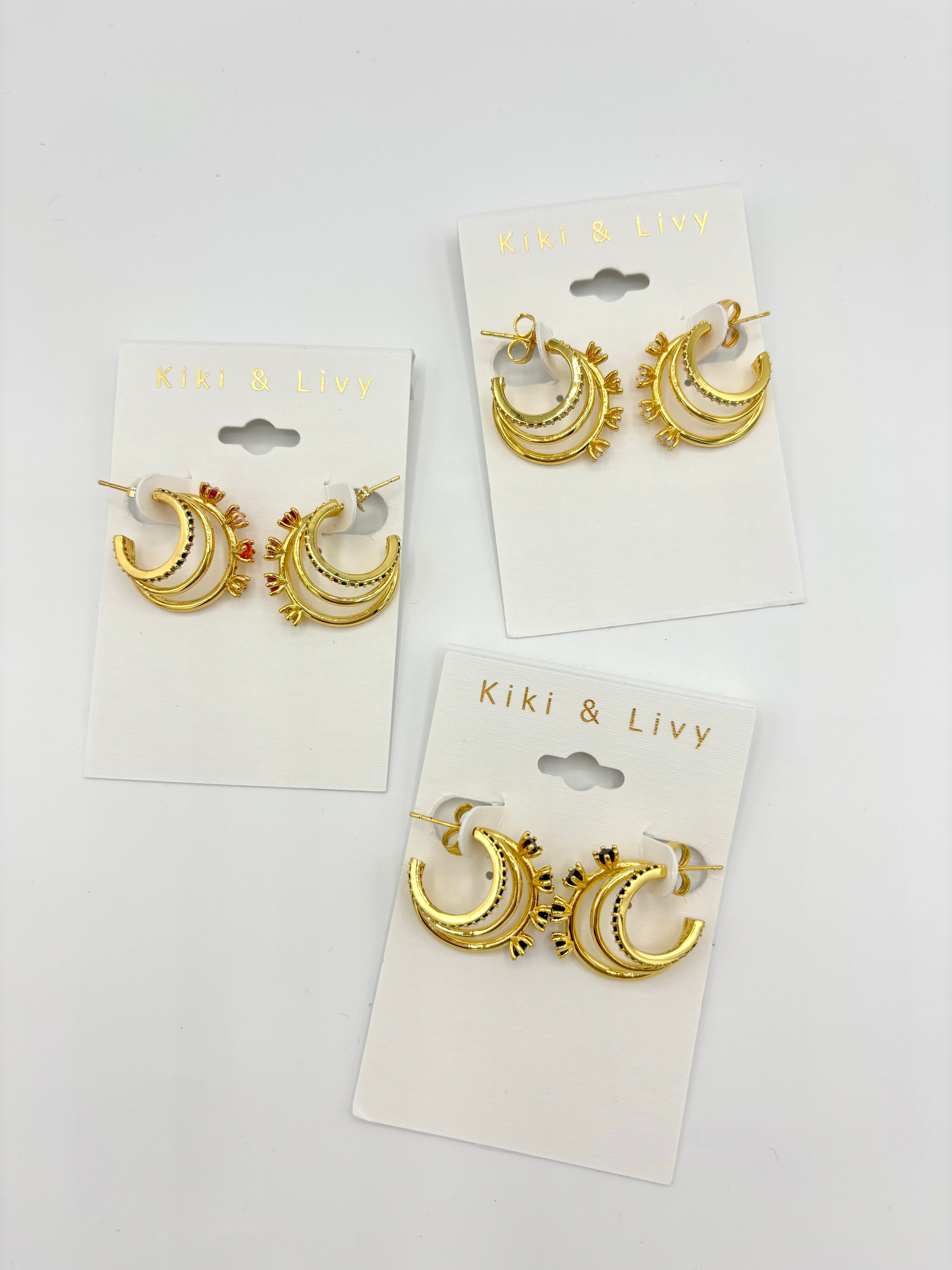 Gold Rhinestone Triple Hoop Earrings
