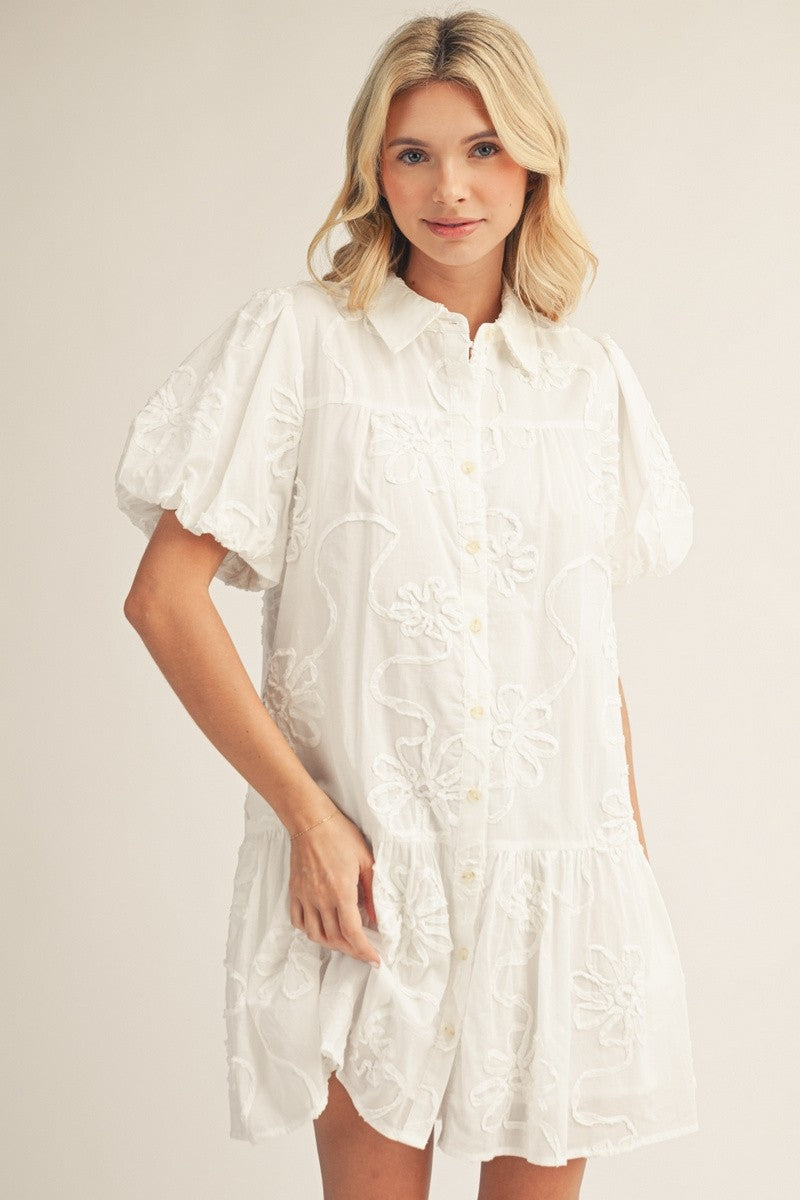 White 3D Floral Button-Up Dress