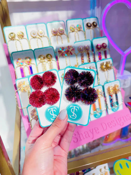 Maroon Shimmer Pom Earrings