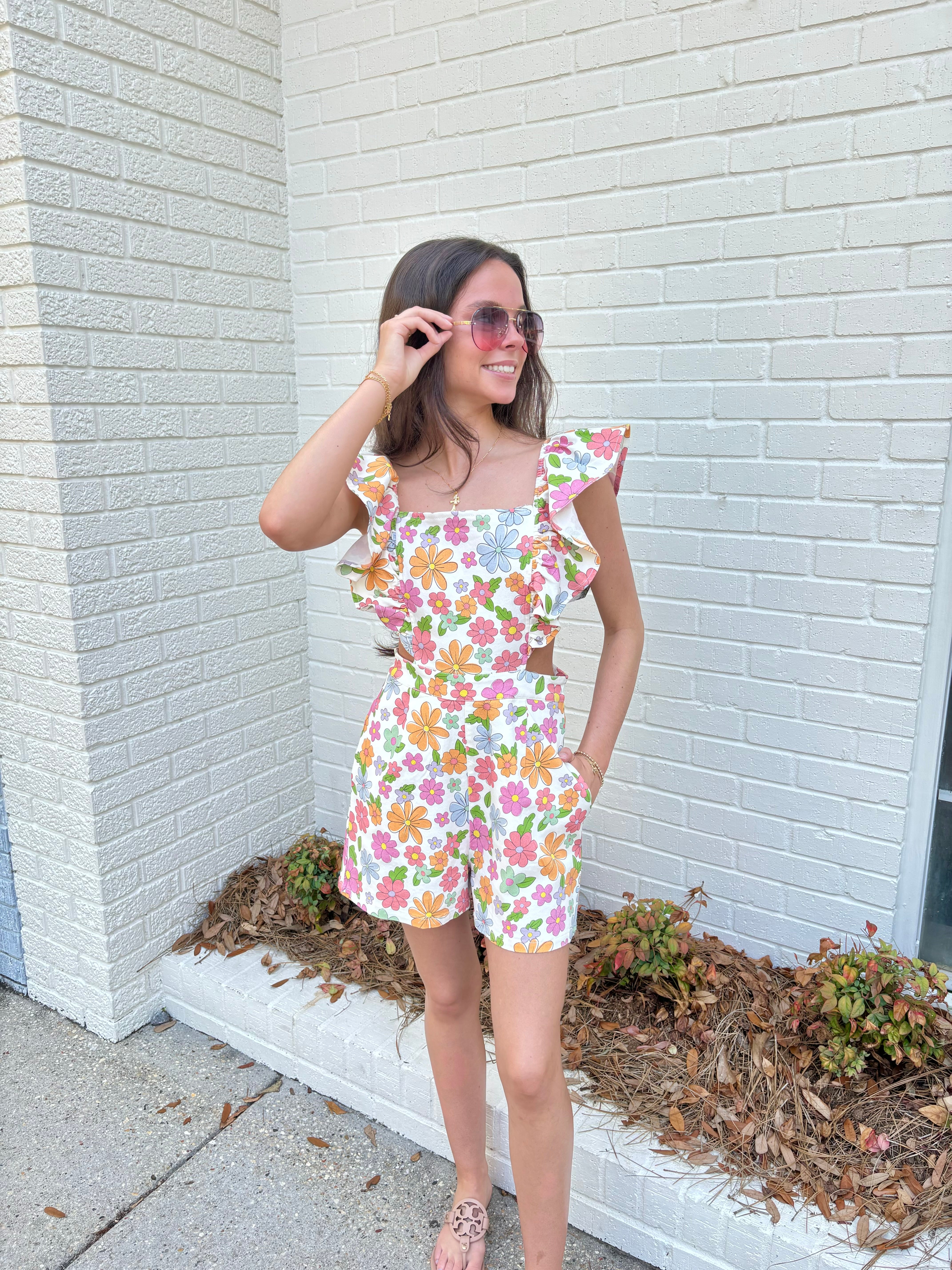 Floral Cut Out Ruffle Romper