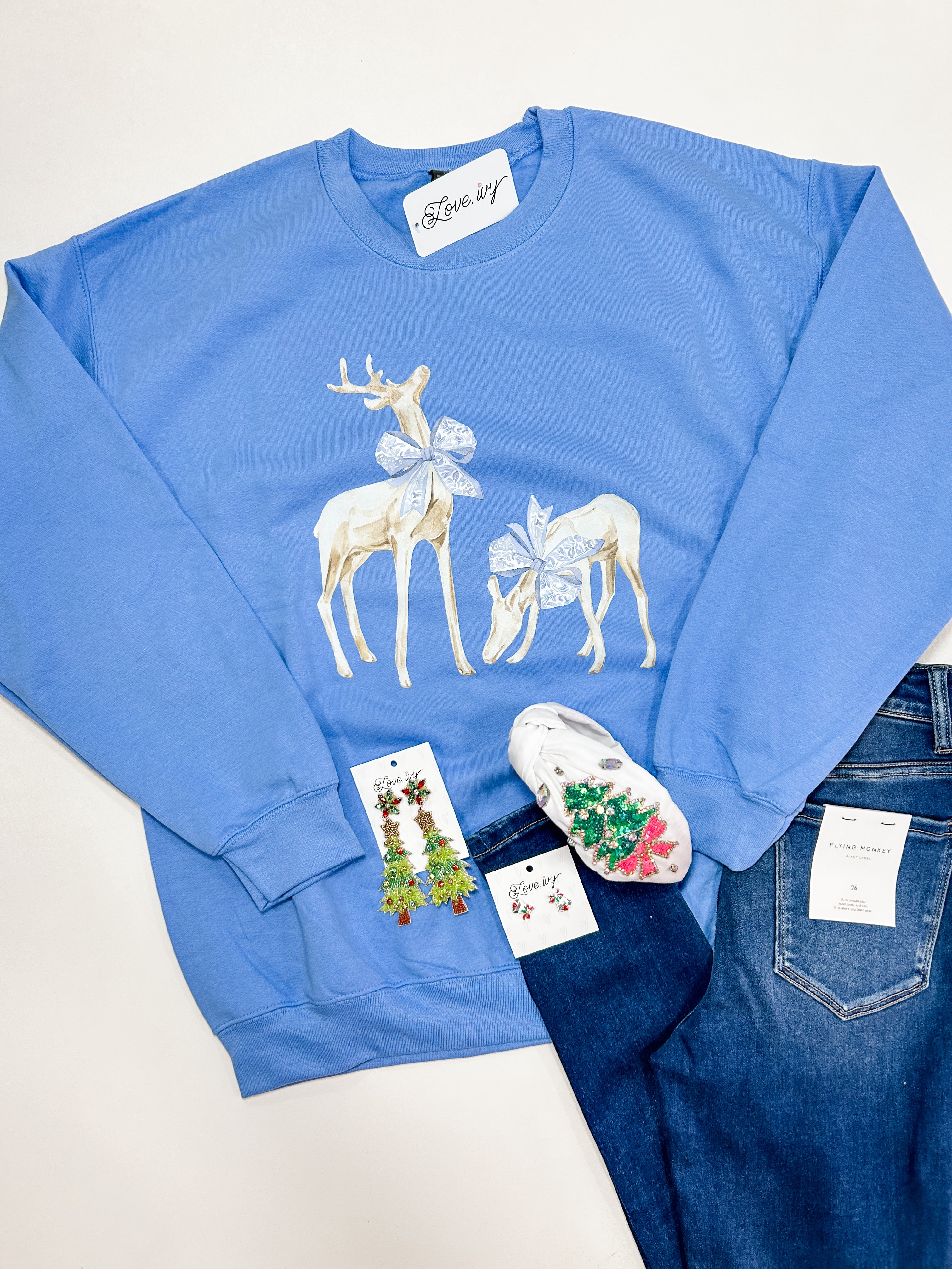 Reindeer Bow on Blue Sweatshirt