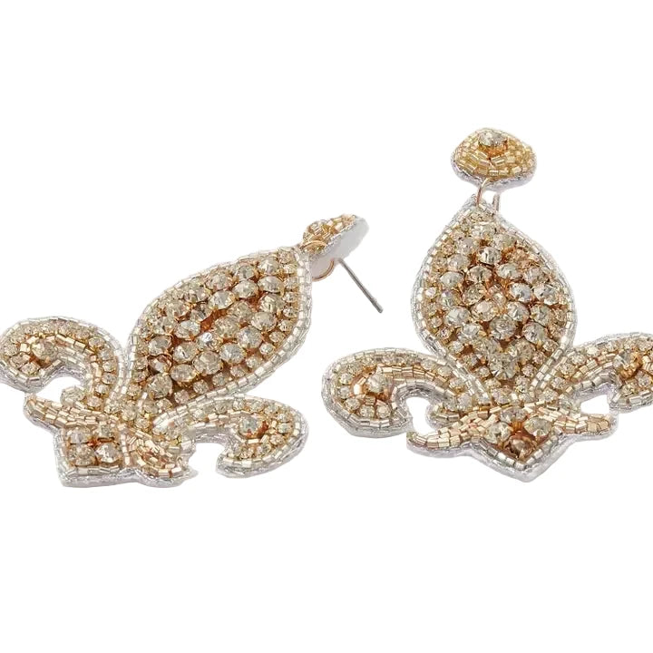 Gold Rhinestone Fleur De Lis Earrings