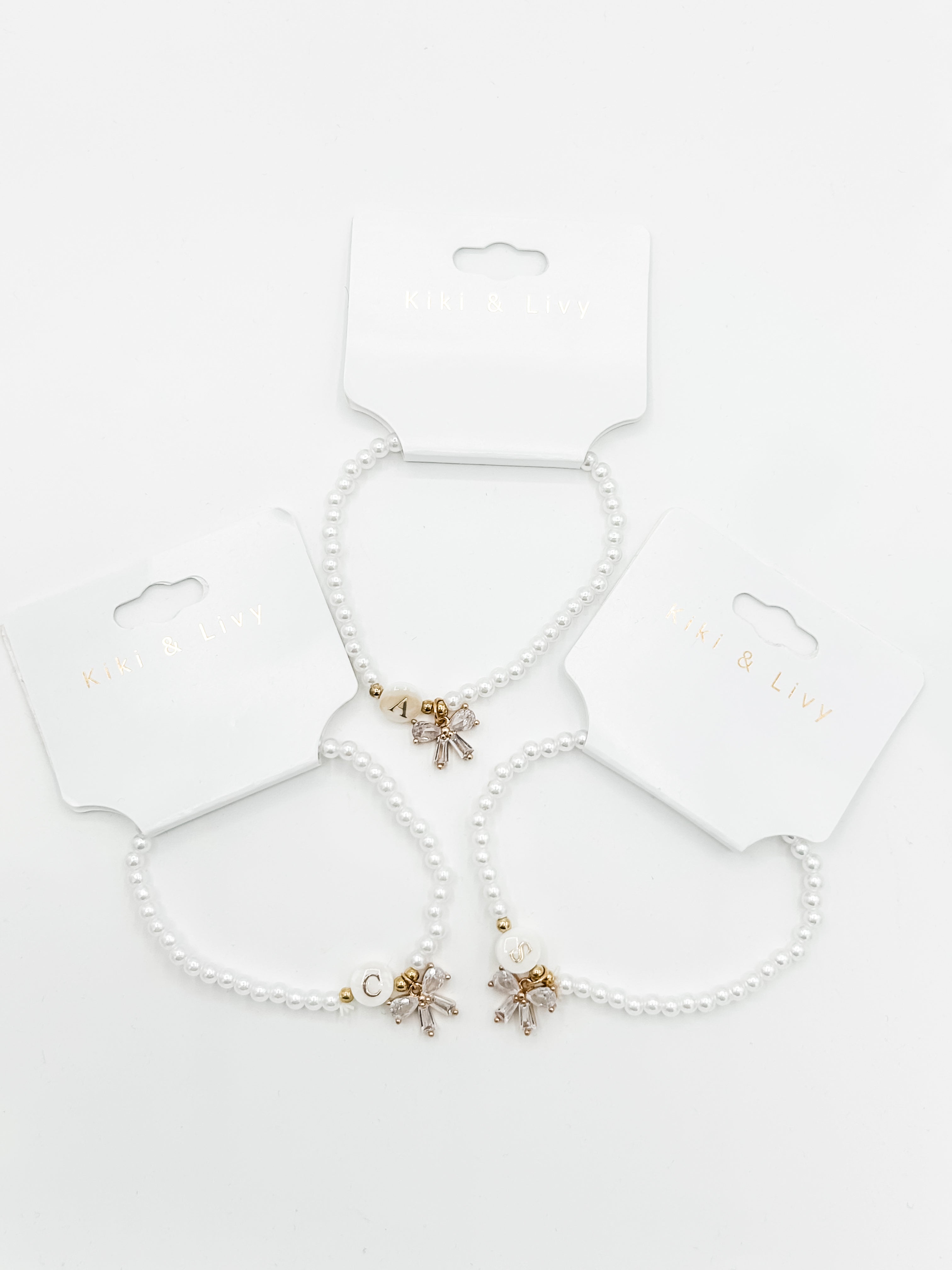 Pearl Beaded Letter Bow Stretch Bracelet