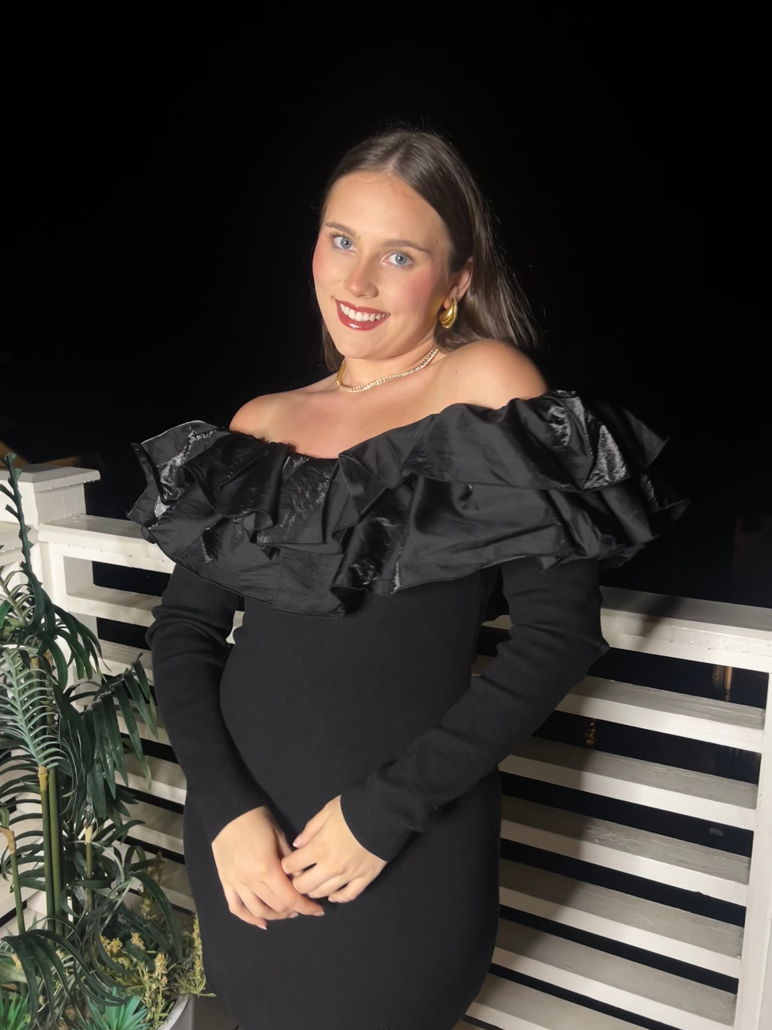 Black Ruffle Detail Sweater Mini Dress