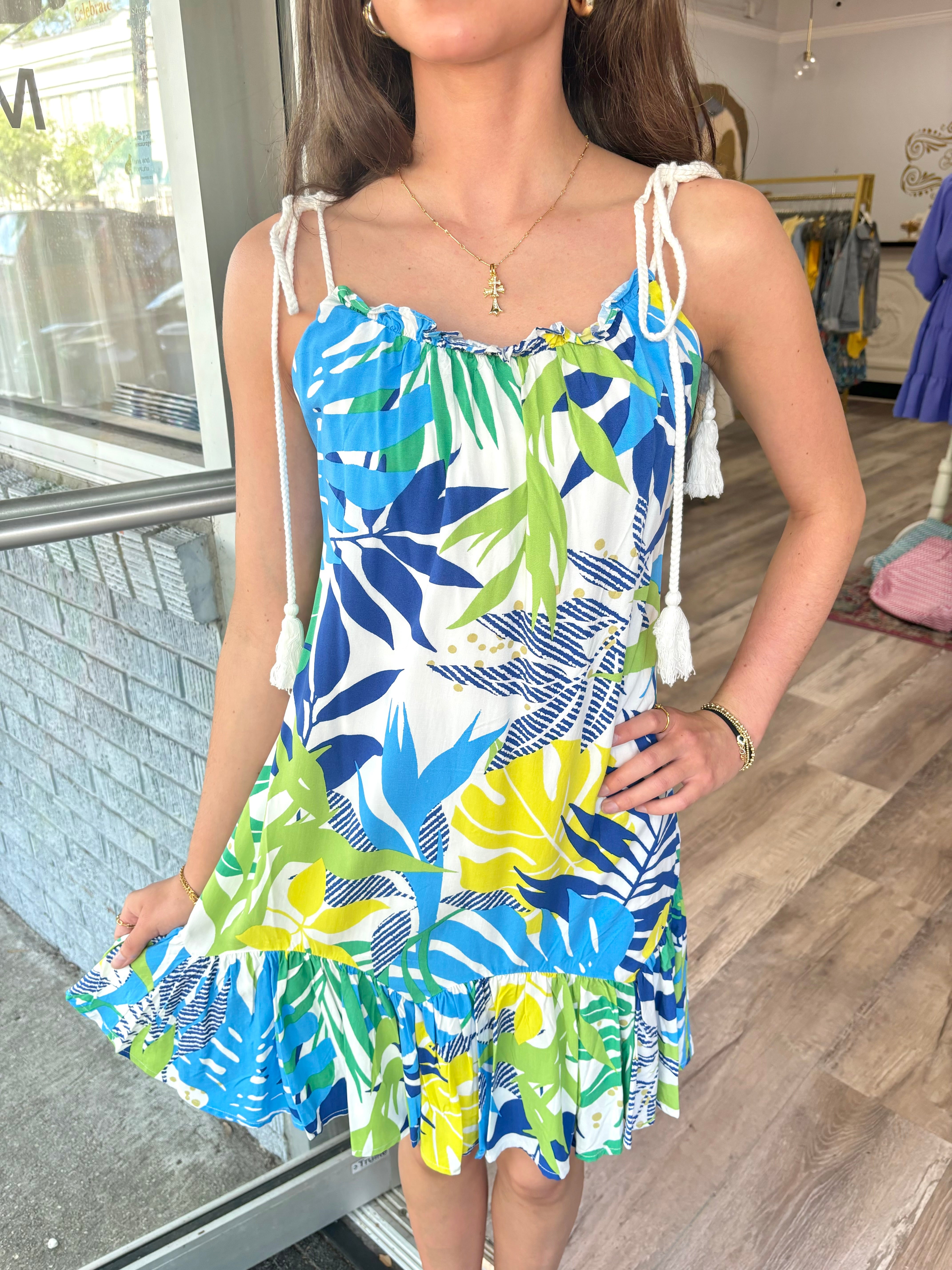 Blue Tropical Print Ruffle Dress