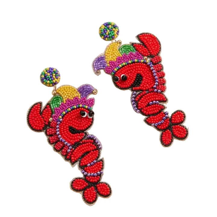 Mardi Gras Crawfish Beaded Earrings