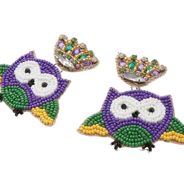 Mardi Gras Owl Beaded Earrings