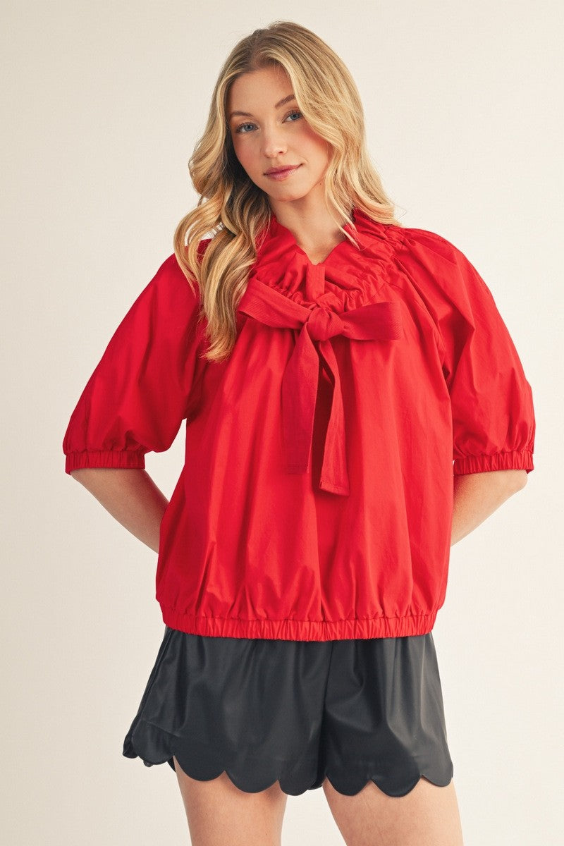Red Drawstring Neckline Bow Top