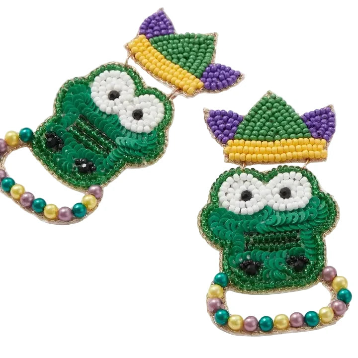 Mardi Gras Sequin Beaded Alligator Earrings