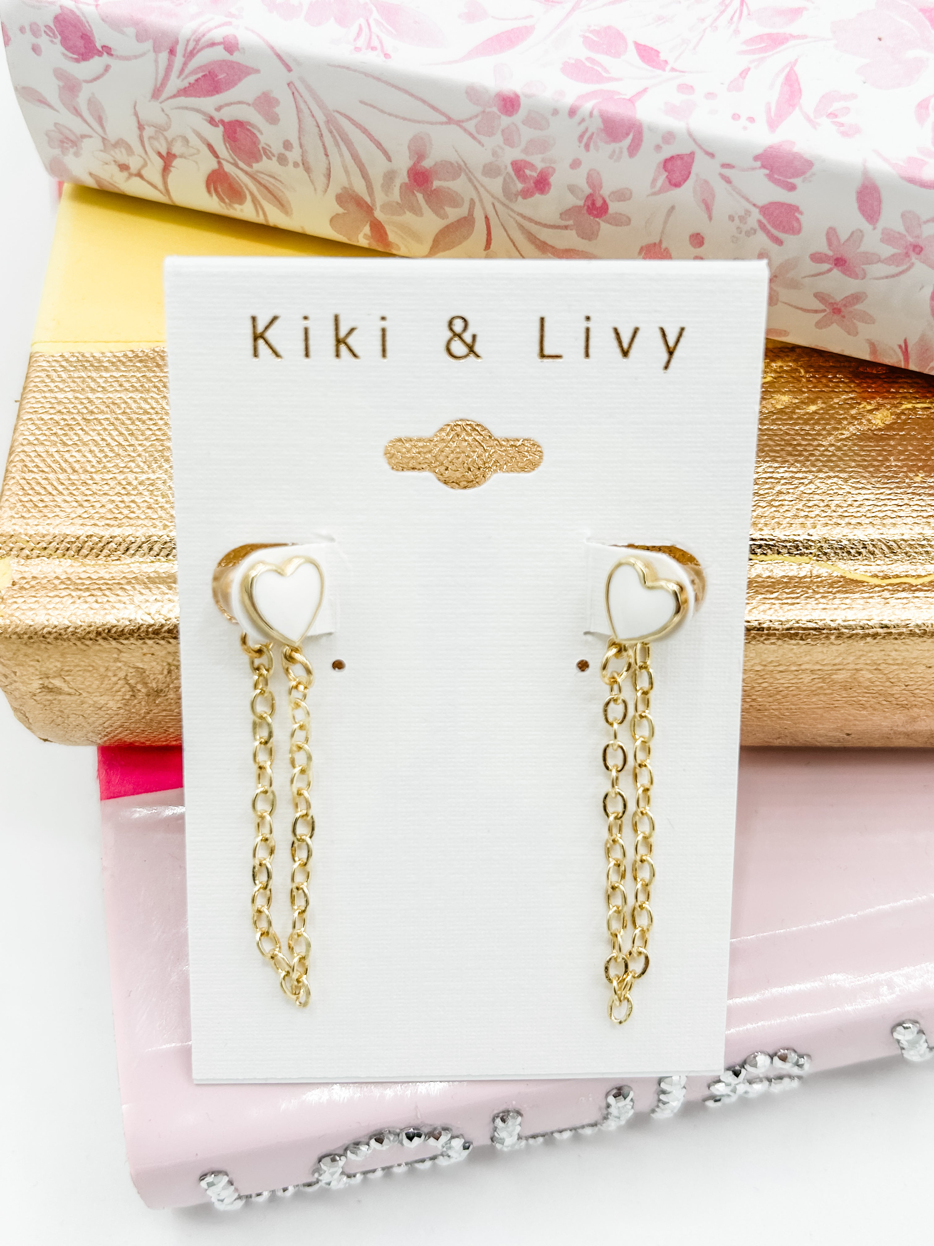 White Heart Chain Hoop Earrings