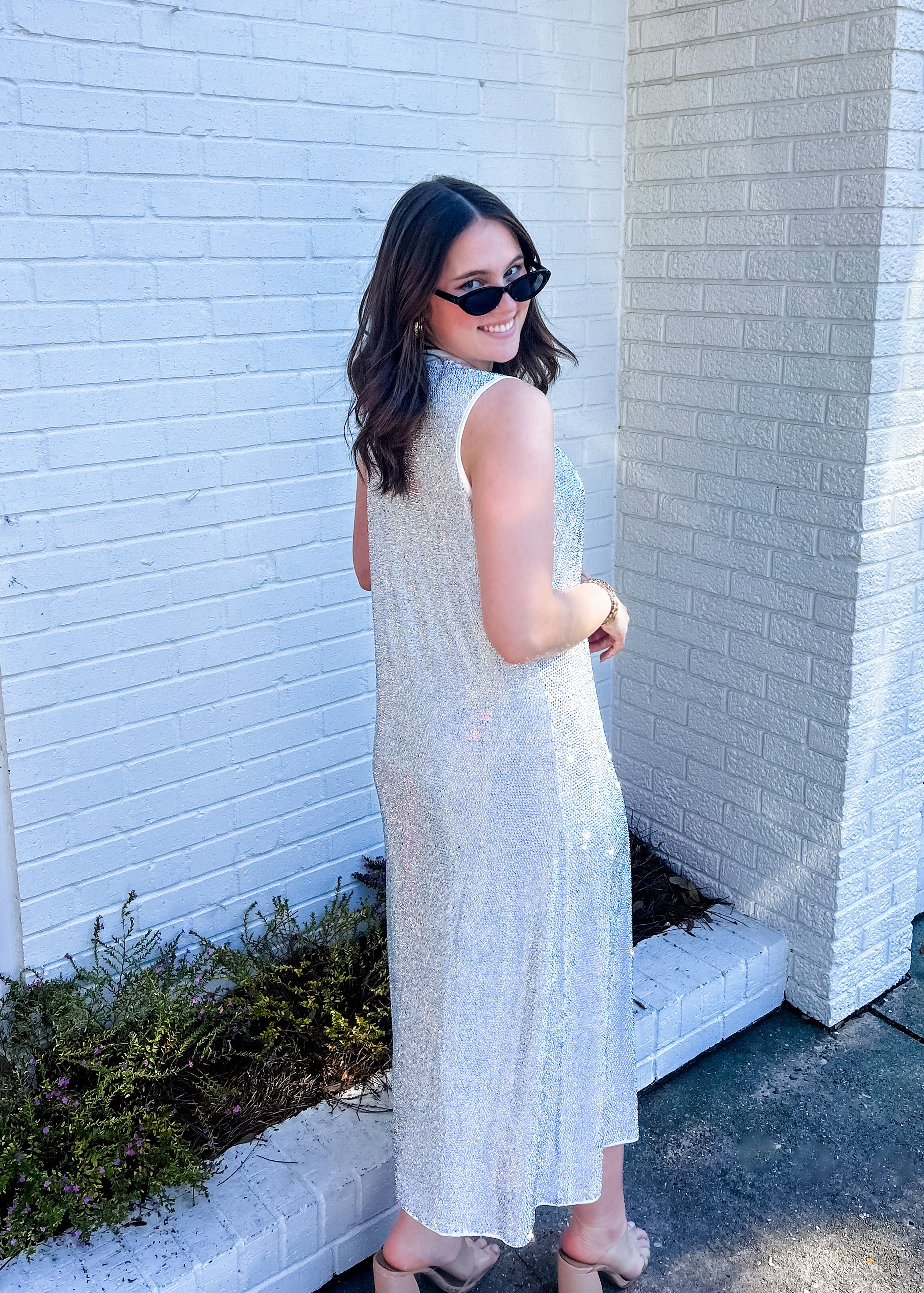 White Full Rhinestone Midi Active Dress