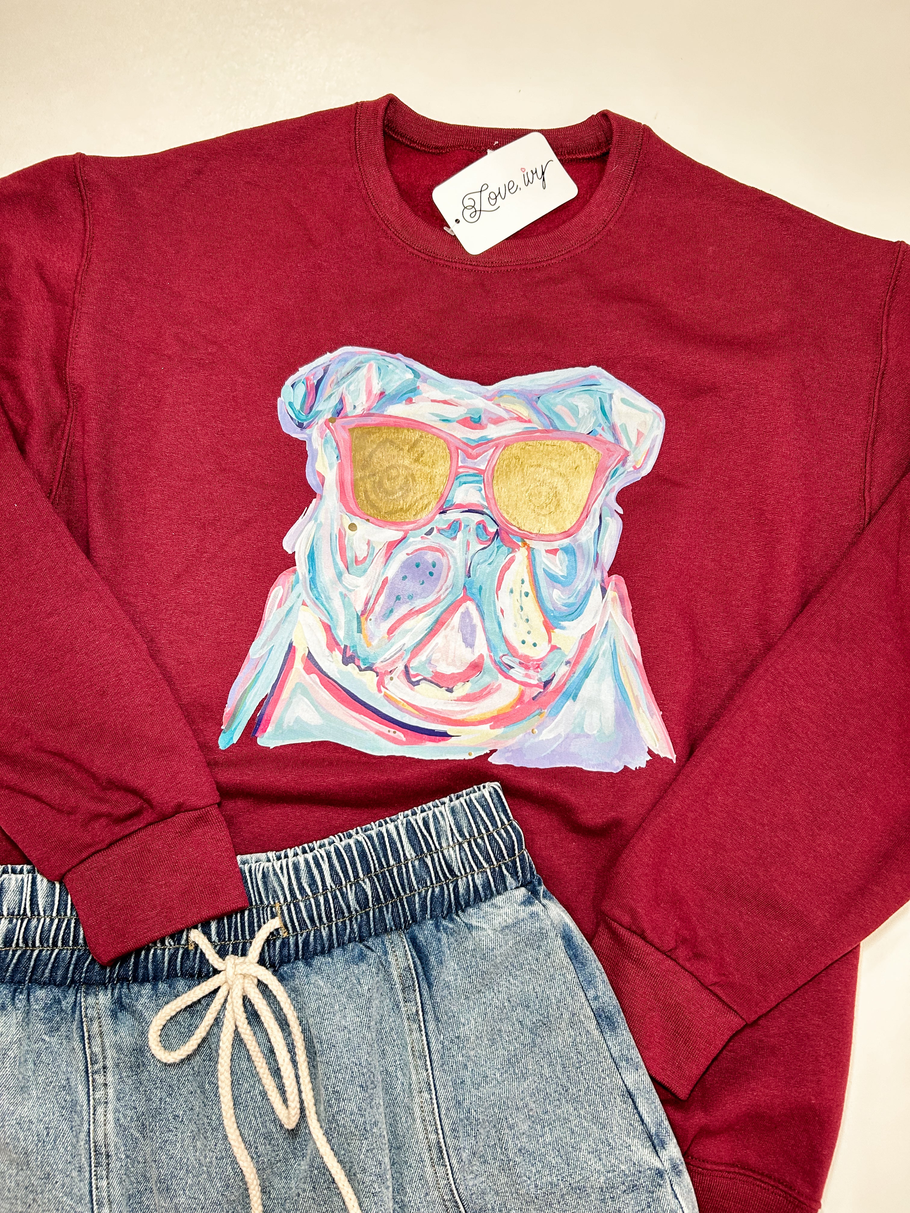 Fun Bulldog on Maroon Sweatshirt