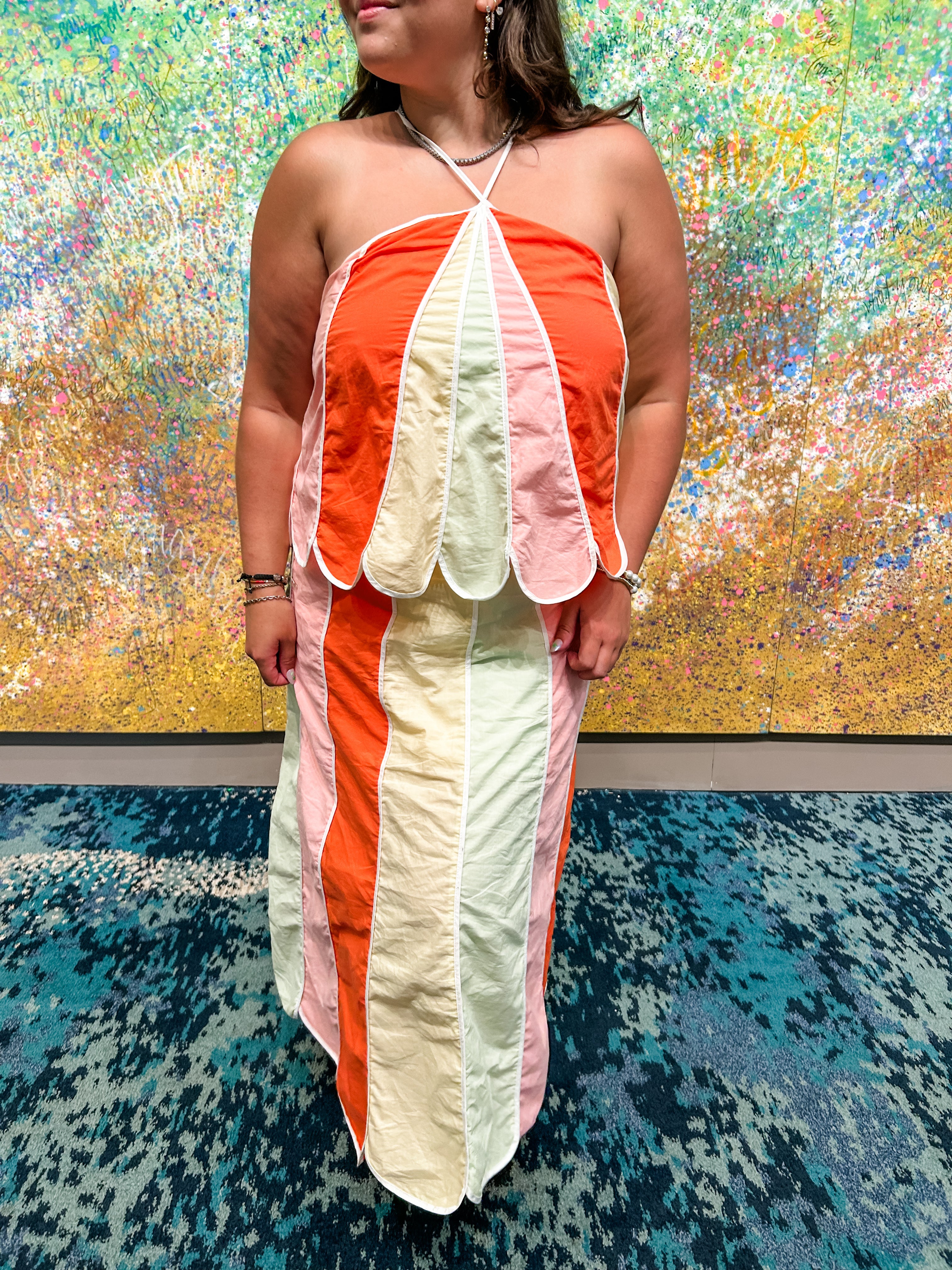 Rainbow Scallop Halter Midi Dress