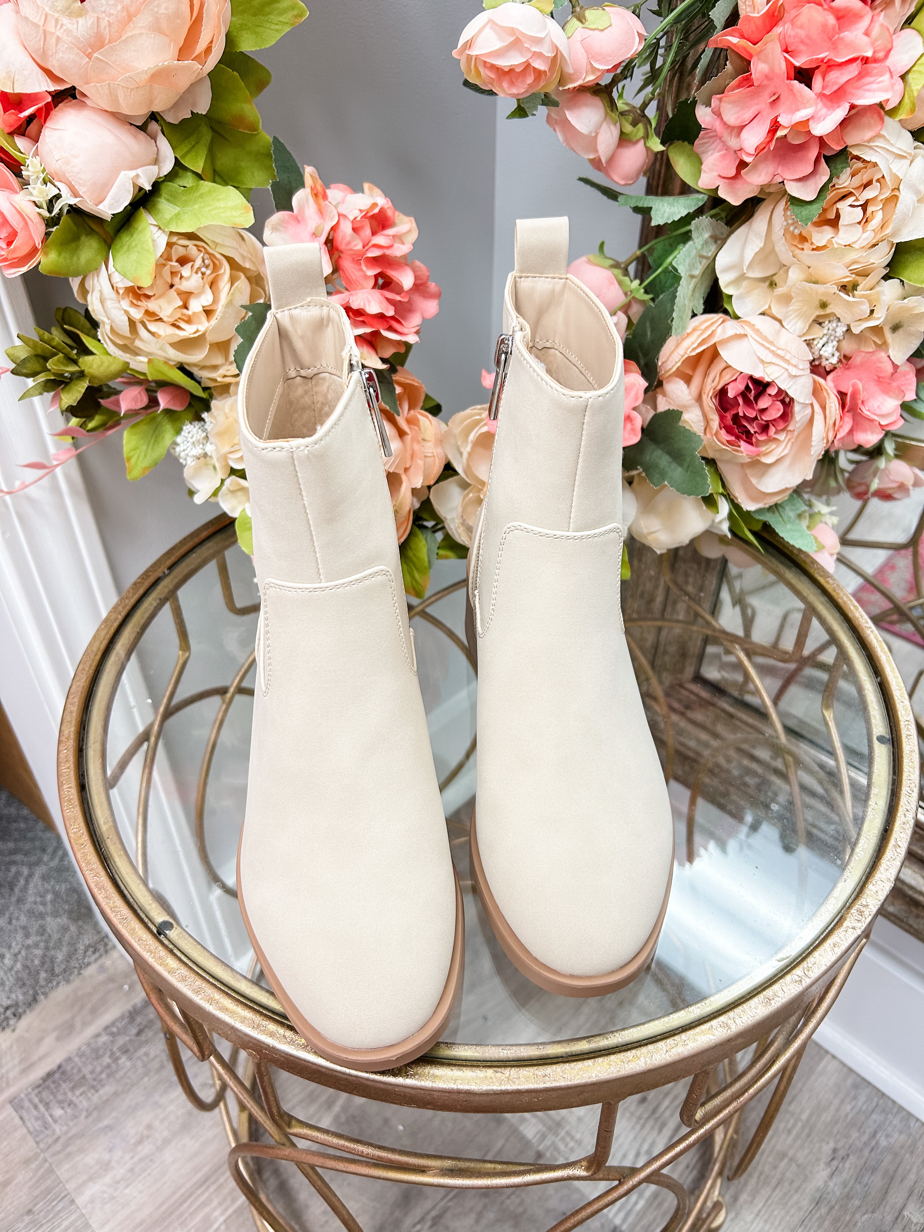 Beige Pull On Ankle Bootie