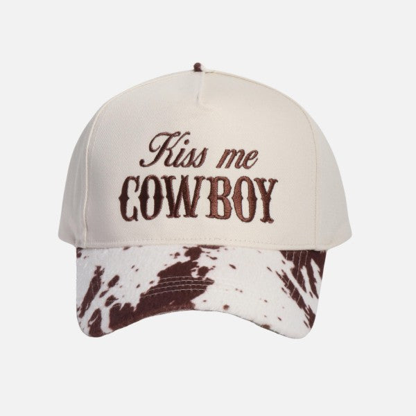 Brown "Kiss me COWBOY" Embroidered Two Tone Faux Cow Fur Baseball Cap