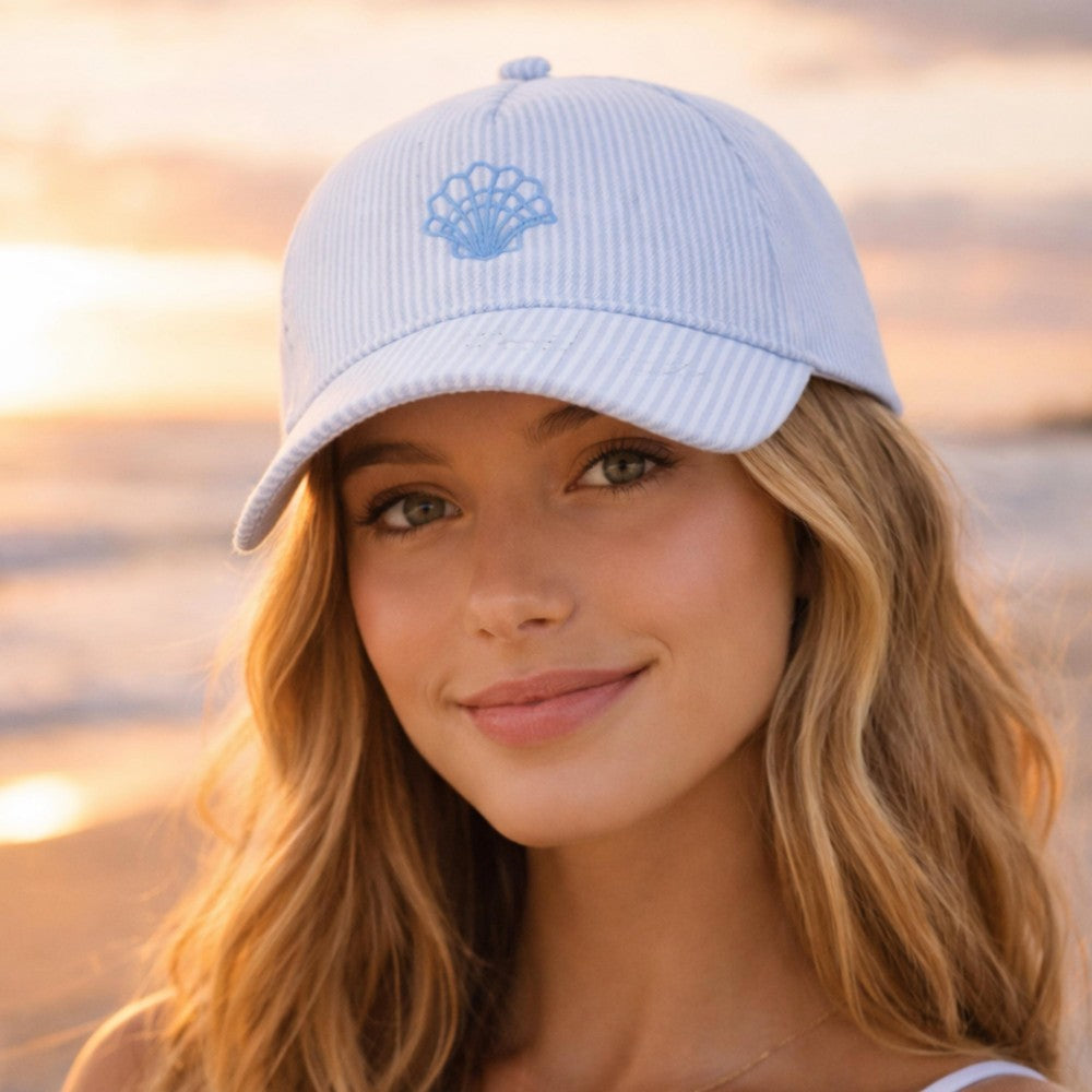 Blue Seersucker Seashell Embroidered Hat
