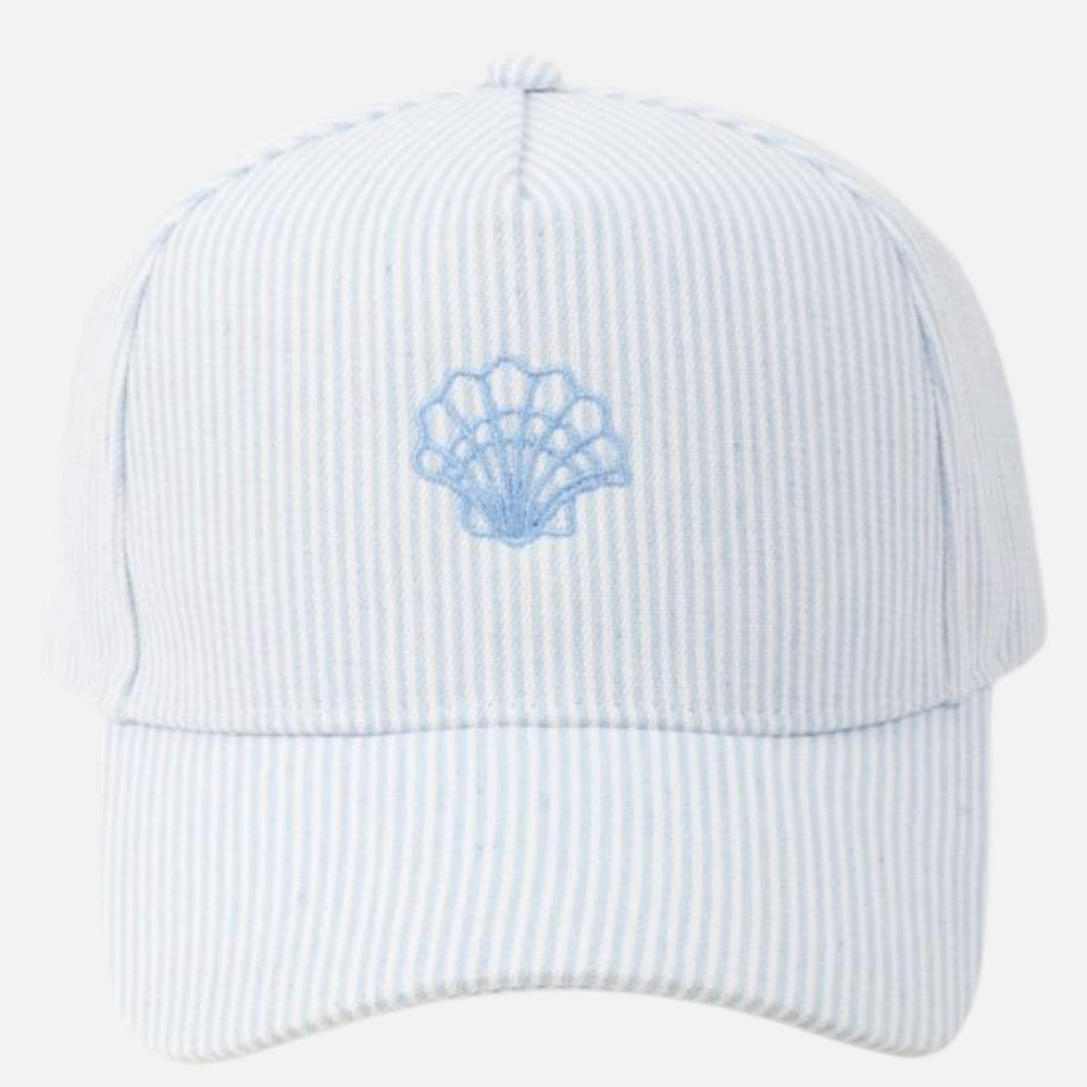 Blue Seersucker Seashell Embroidered Hat