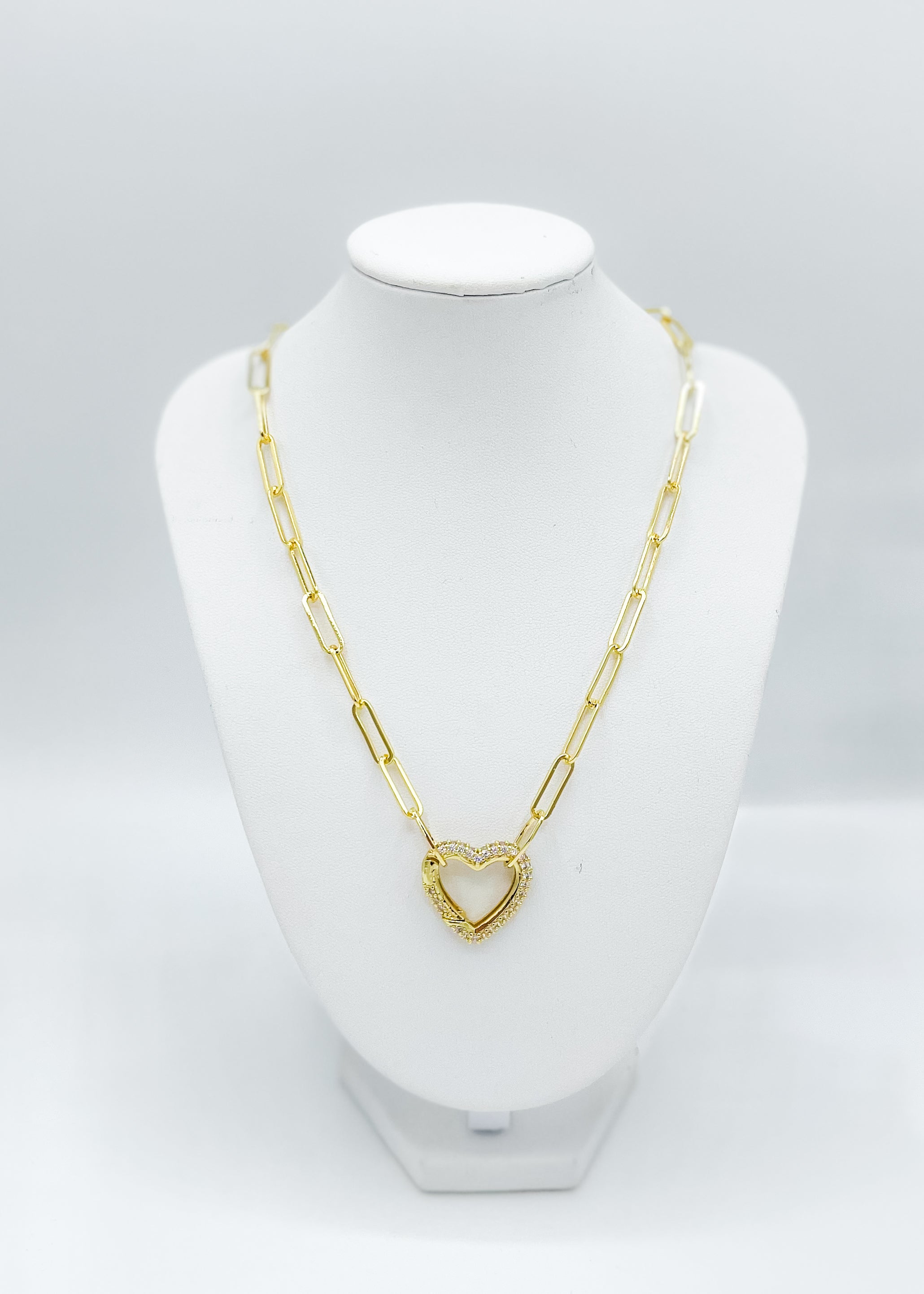 Gold Paperclip Rhinestone Heart Necklace
