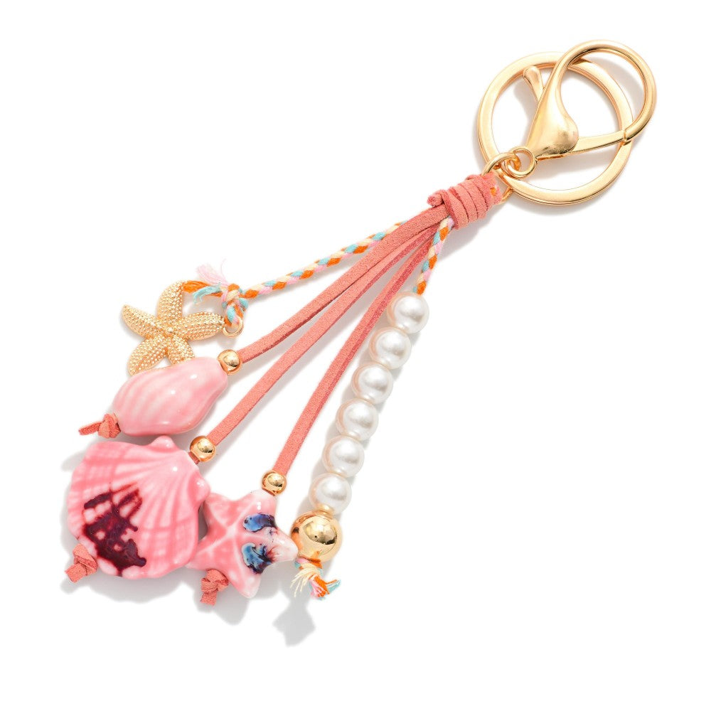 Pink Beach Key Ring Featuring Shells, Pearls, & Gold Tones