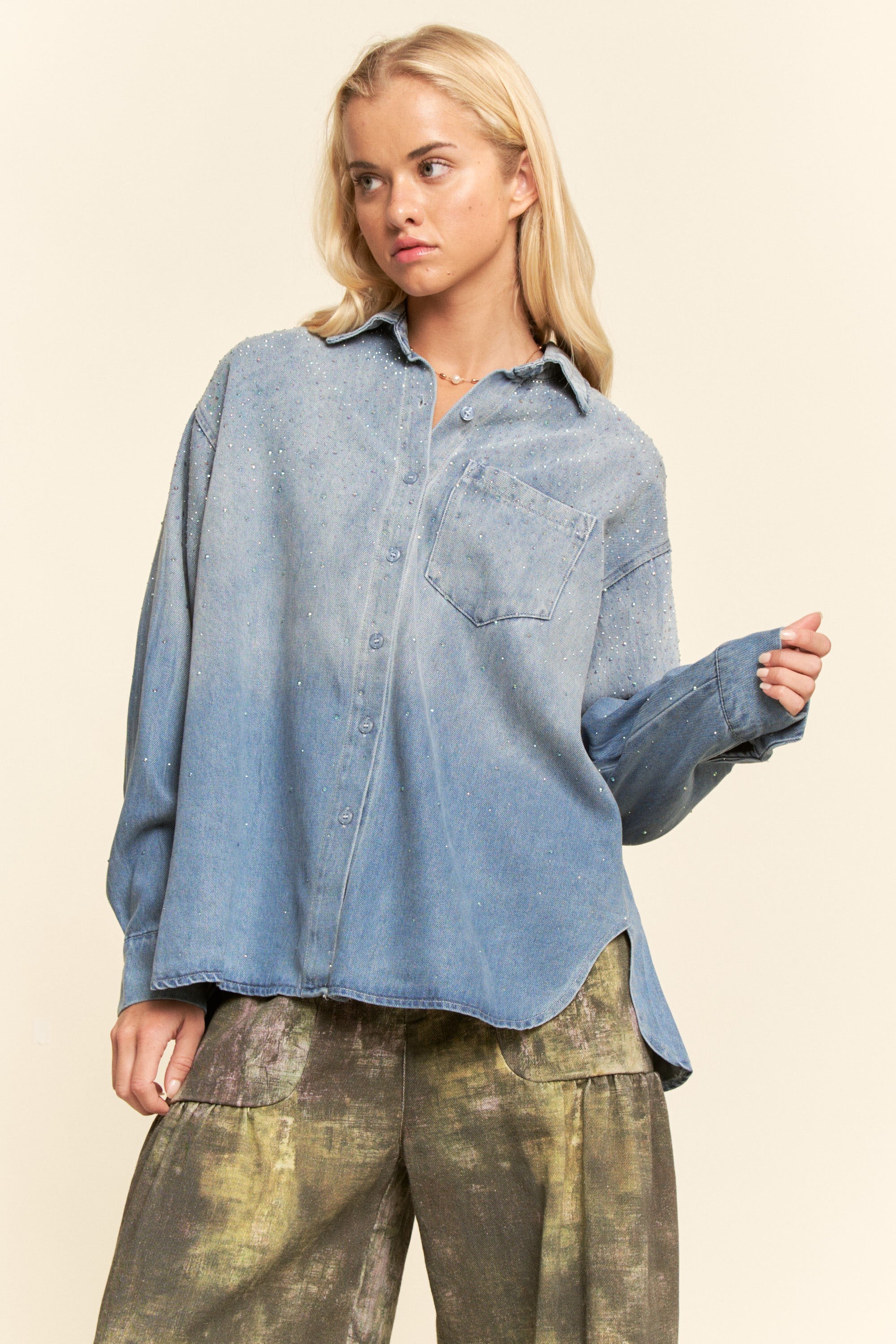 Oversized Rhinestone Chest Pocket Denim Top