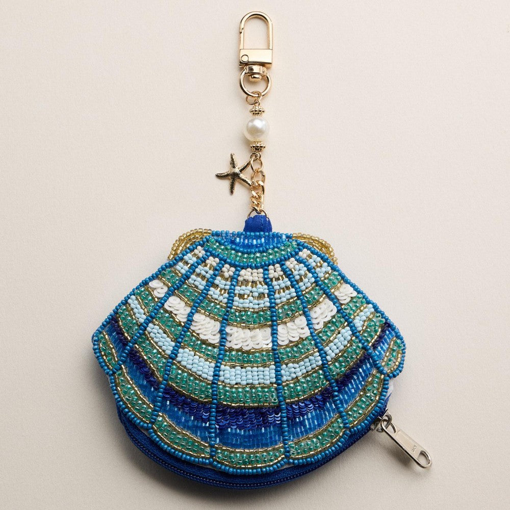 Blue Seed Beaded Shell Pouch Key Ring