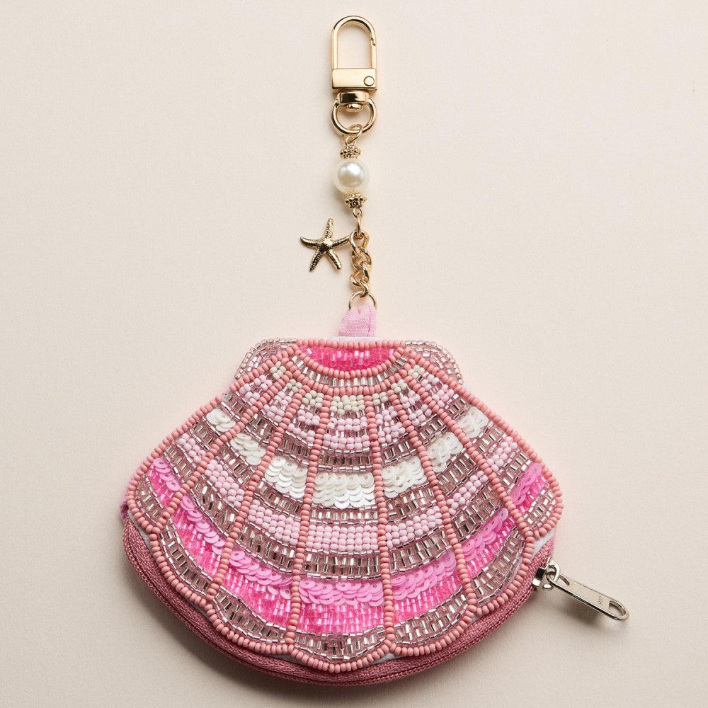 Pink Seed Beaded Shell Pouch Key Ring