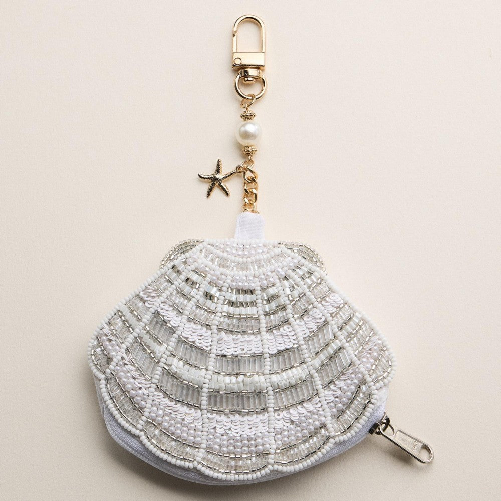 White Seed Beaded Shell Pouch Key Ring
